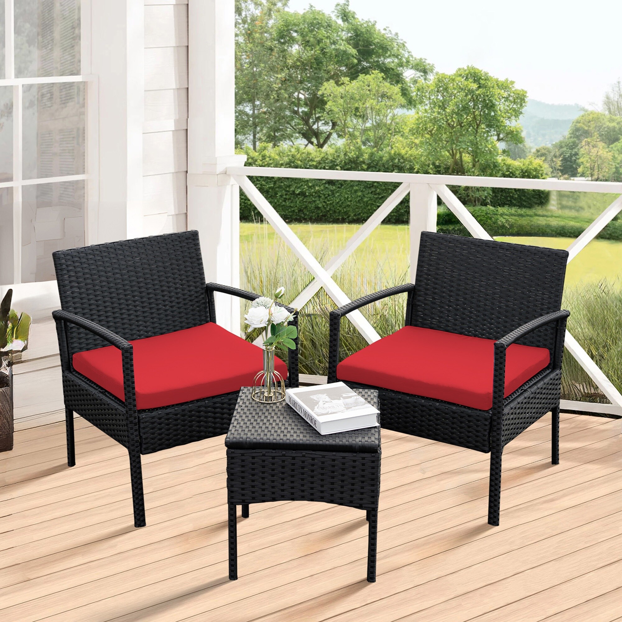 Grearden HZ012-RD-NF 3pcs wicker conversation set 3 -Piece Wicker Patio Conversation Set with Red Cushions