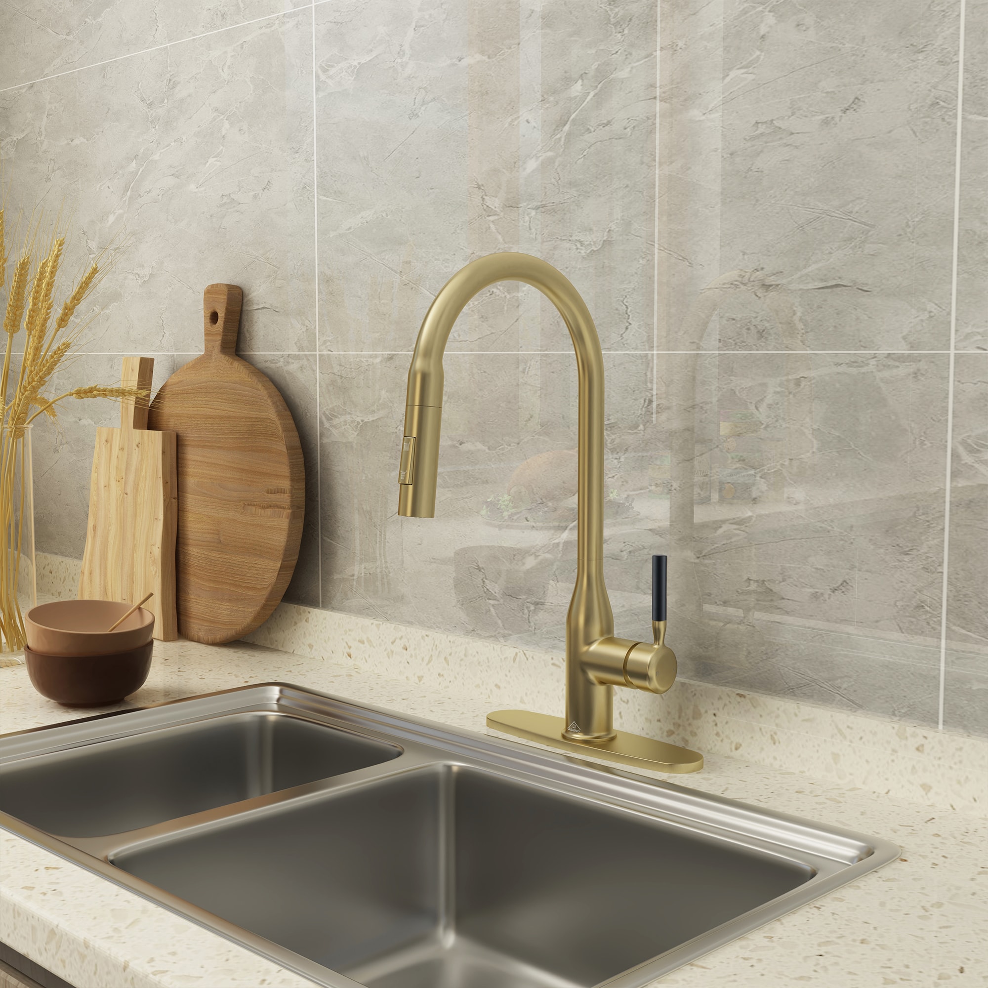 Mondawe MO-DT89001NS Brushed Gold Single Handle Deck-mount Pull-down Kitchen Faucet with Sprayer ( Deck Plate Included )