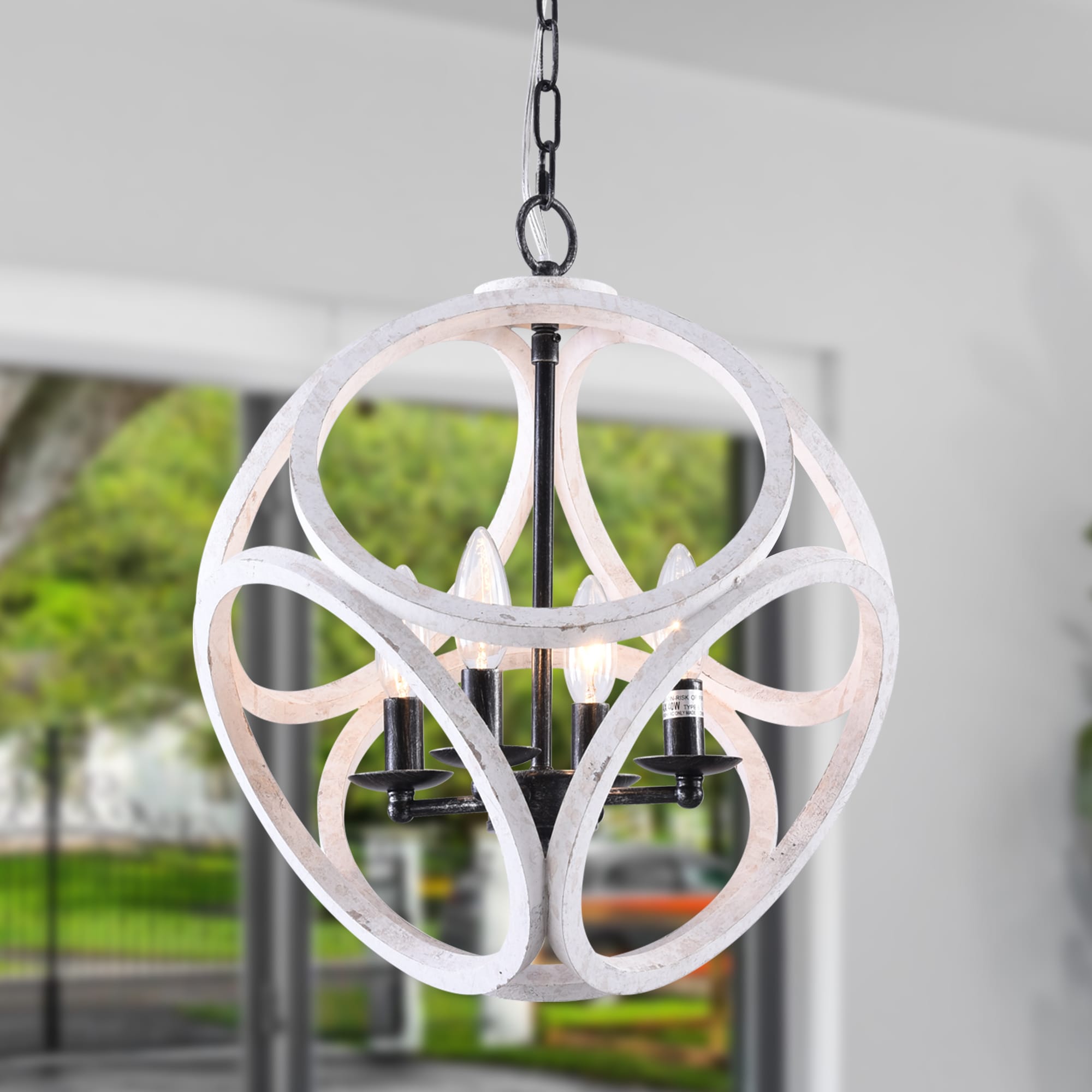 Cusp Barn FC4061-4W FC4061 4 -Light Brushed White Farmhouse Cage Wood For Use in Bedrooms, Dining Rooms, Foyers, Kitchens, Living Rooms Chandelier