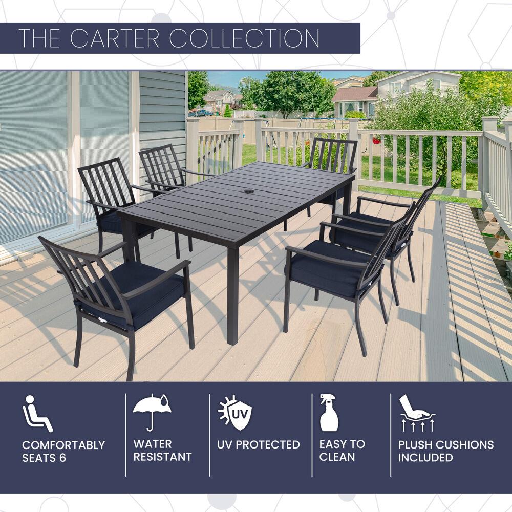 Carter 7-Piece Navy Blue Outdoor Dining Set with Padded Aluminum Chairs