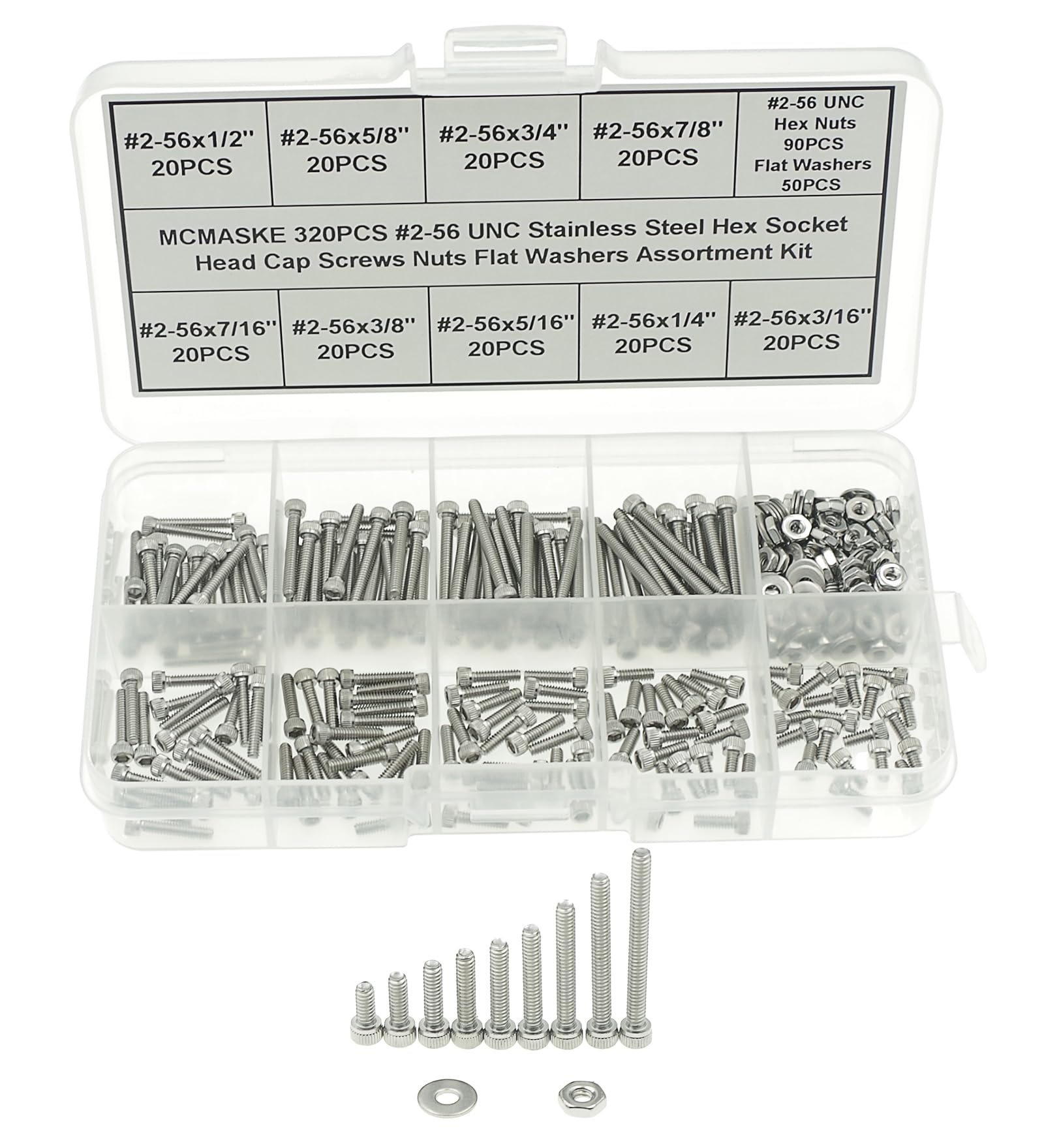 ITOPFOX  320PCS Number 2 56 UNC Stainless Steel Socket Knurled Head Cap Screws Hex Nuts Flat Washers Assortment Kit durable home and garden