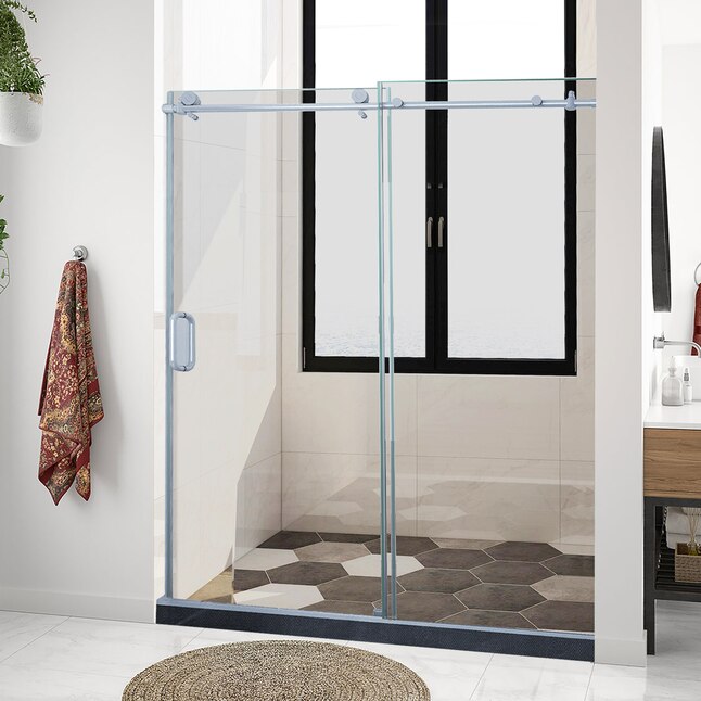 Wellfor Double Sliding Shower Door 56 In To 60 W X 76 H Frameless Brushed Nickel Soft Close Standard Clear Glass The Doors Department At Com Wellfor Double Sliding Shower Door 56, 55 Inch Sliding Shower Door