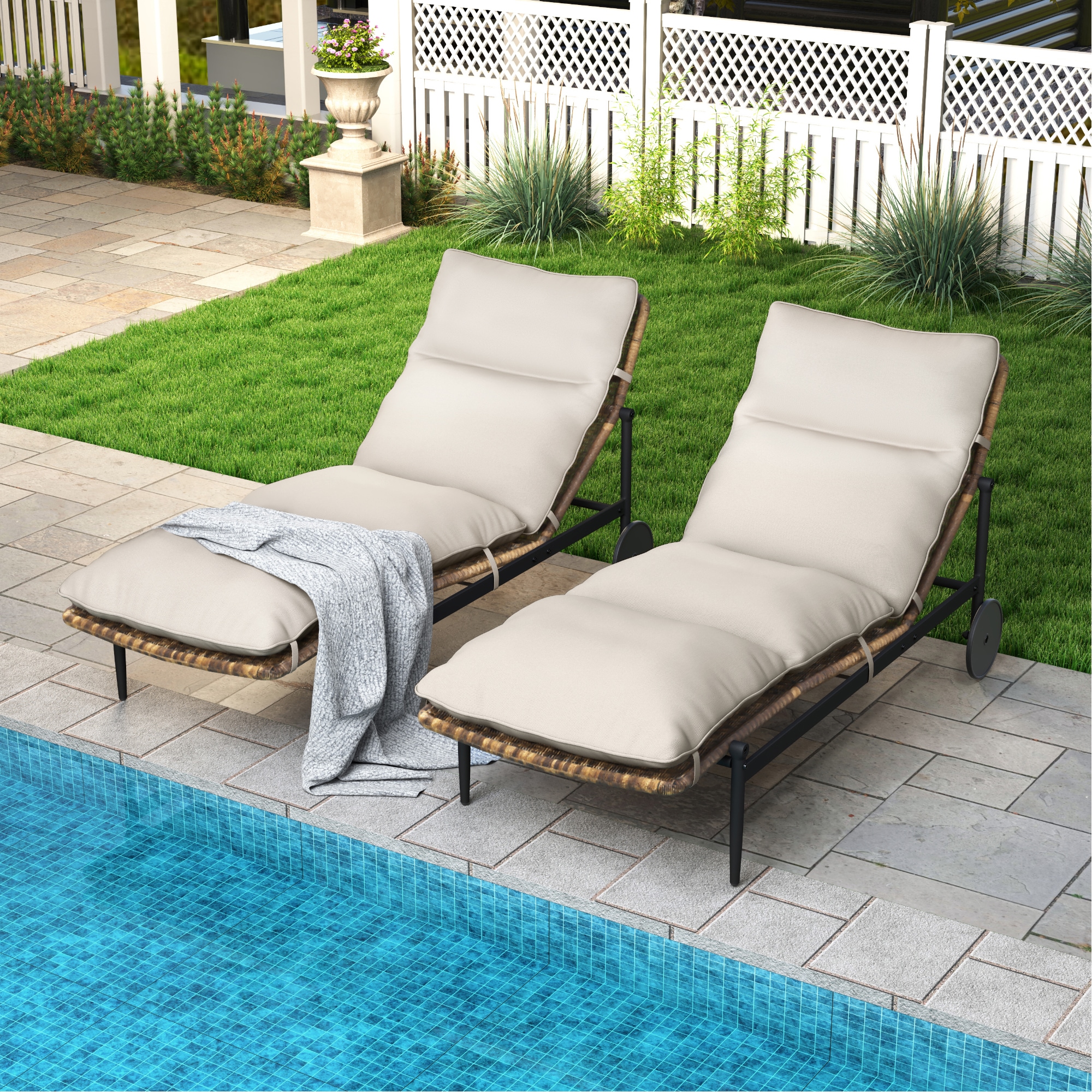  EL-VTY2-ZM-G-WL3 EGEIROS LIFE Set of 2 Rattan Black Aluminum Frame Stationary Chaise Lounge Chair with Beige Cushioned Seat