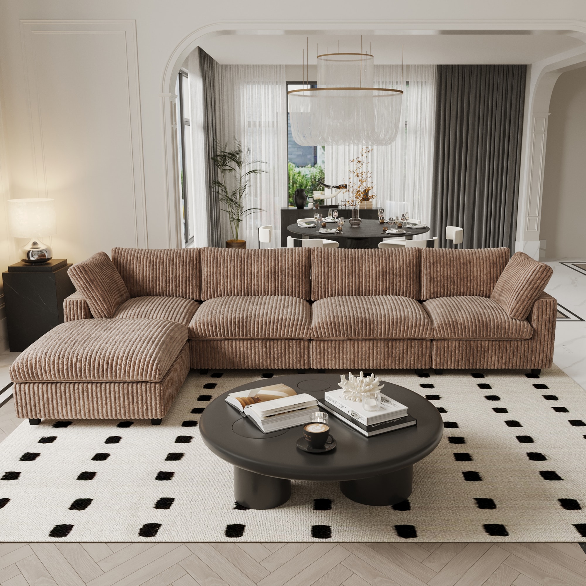 BuotiqHom DH-SF4+1-141TA 157-in Modern Brown (4 Seats+1 Ottoman) Velvet 4 -seater Sectional