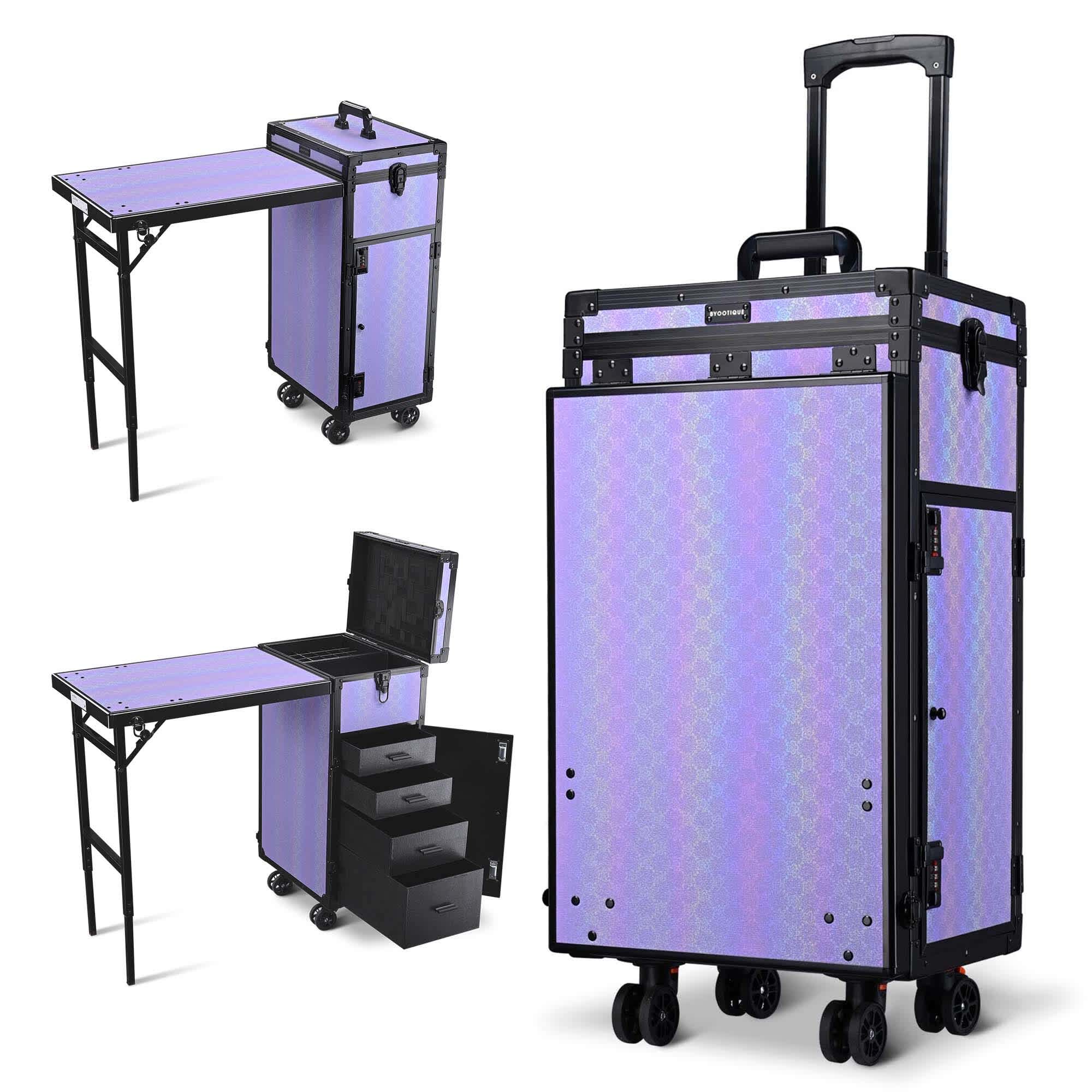 Yescom 12MKC027-MJTH-F05-LO Byootique Aluminum Rolling Makeup Train Case with Table Salon Charm Cosmetic Organizer ForgetMeNo Purple