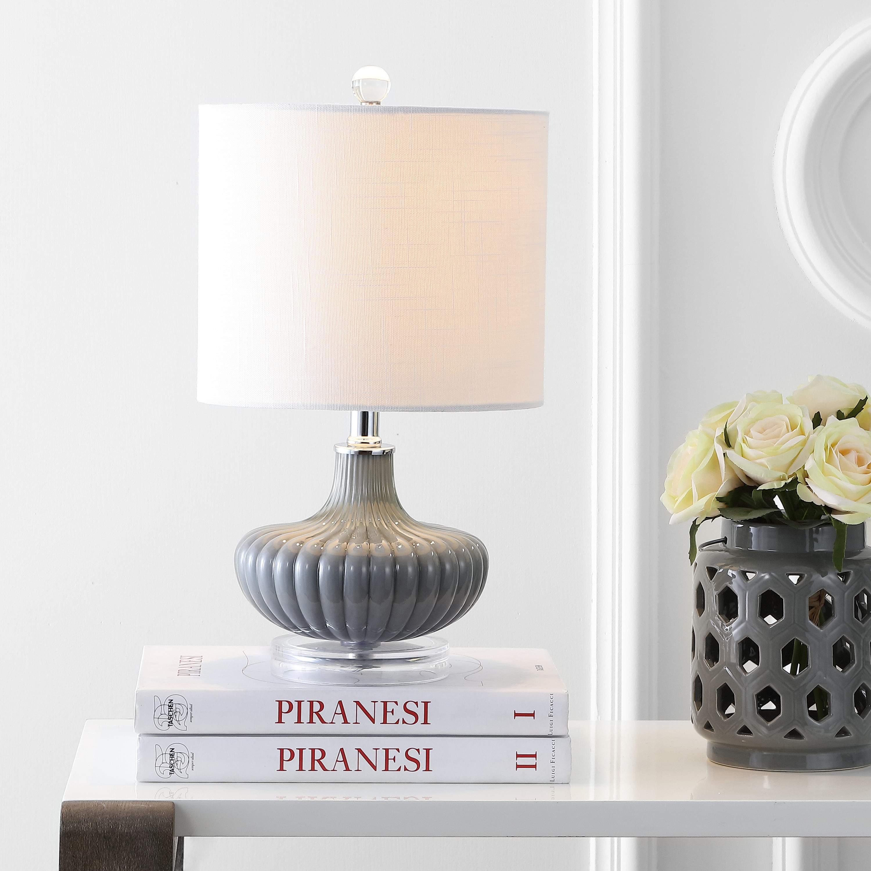 JONATHAN  Y JYL1032A Kamille Glass and Lucite Contemporary/Transitional 18-in Chrome LED Incandescent Rotary socket Table Lamp with Linen Shade