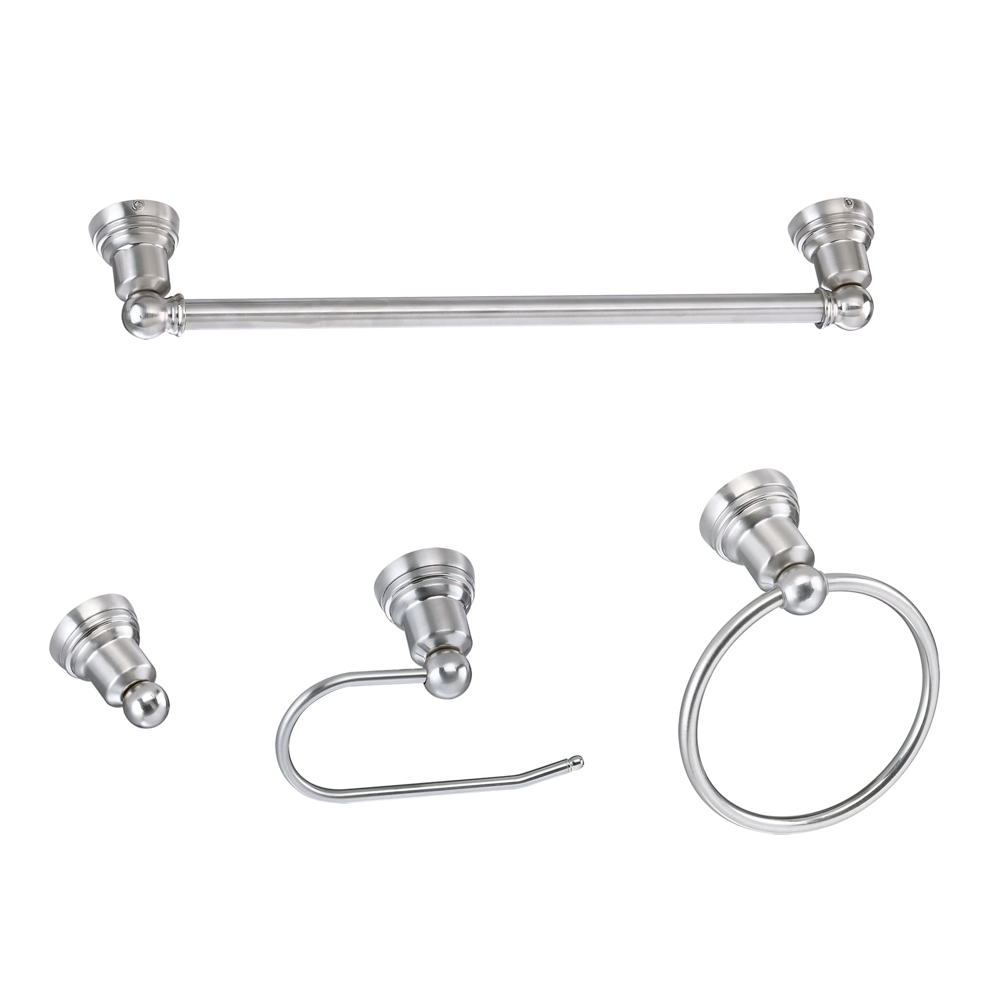 WELLFOR TTB71113BN 4 -Piece TB Brushed Nickel Decorative Bathroom Hardware Set Towel Bar, Toilet Paper Holder, Towel Ring ,Robe Hook Included