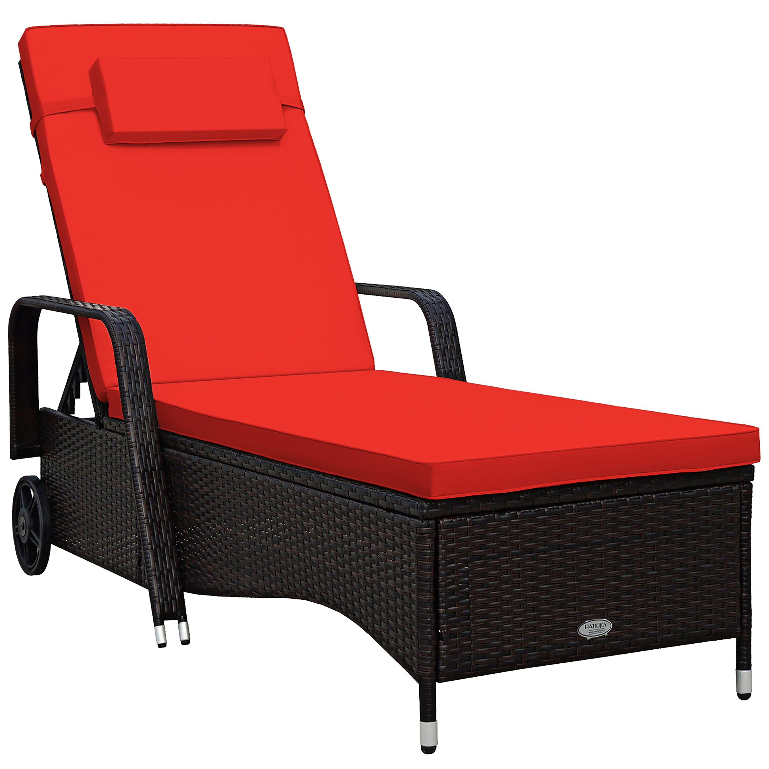 Costway HW66946WH-RE Rattan Black Metal Frame C-spring Chaise Lounge Chair with Red Cushioned Seat