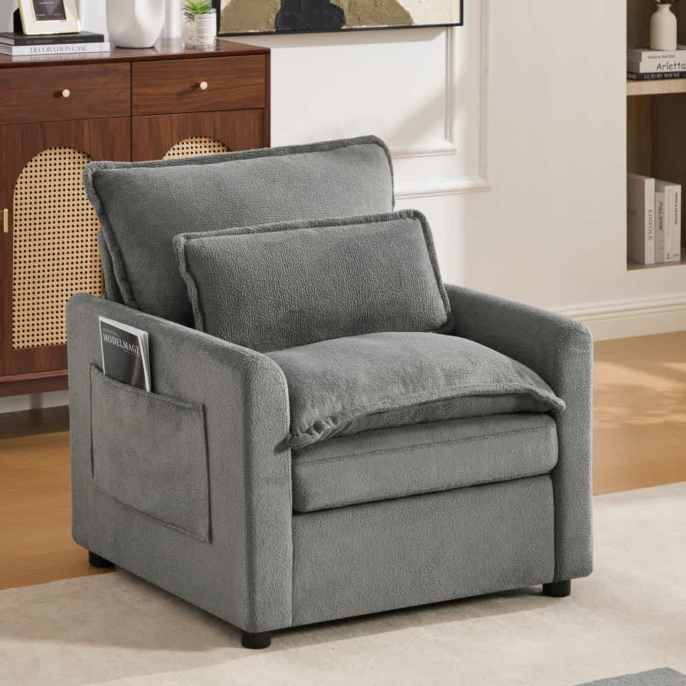 Coolbibila - 31.9-in Plush Gray Faux Fur Accent Chair Double Layer Cushion Storage Pockets Modern...