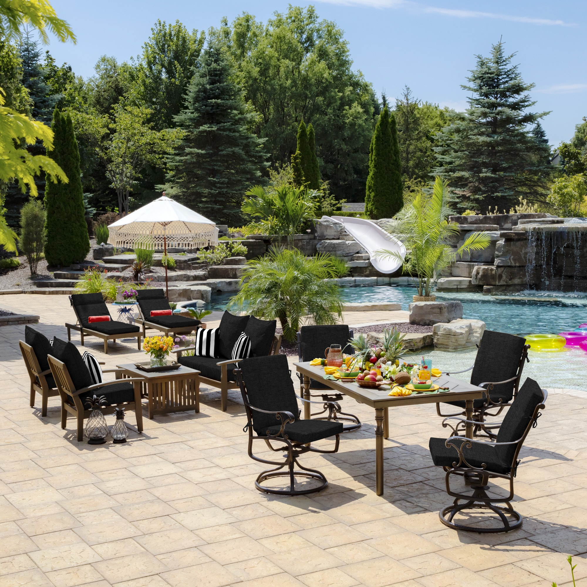 Black High Back Outdoor Dining Chair Cushion with Ties