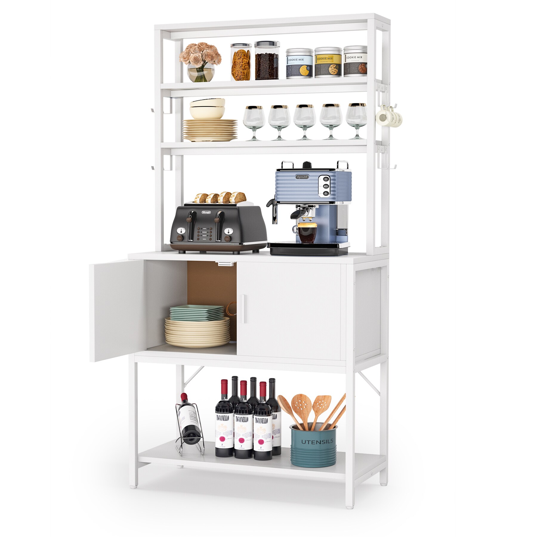 Yitahome  5 Tier Standing Kitchen Utility Storage Shelf With Cabinet  Bakers Rack With Power Outlet In White