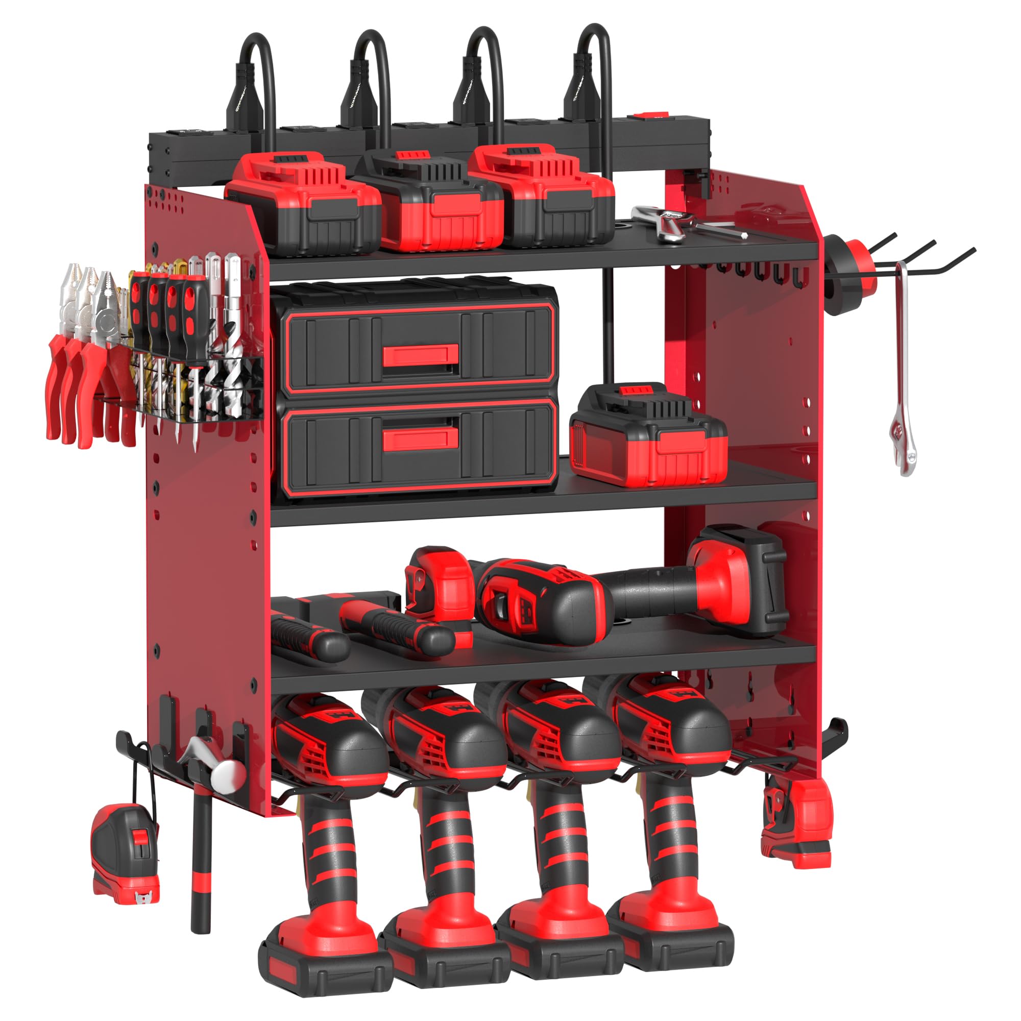 ITOPFOX  Power Tool Organizer Wall Mount with Charging Station Garage 4 Drill Storage Shelf with Cordless Tool Holder Heavy Duty Rack with 8