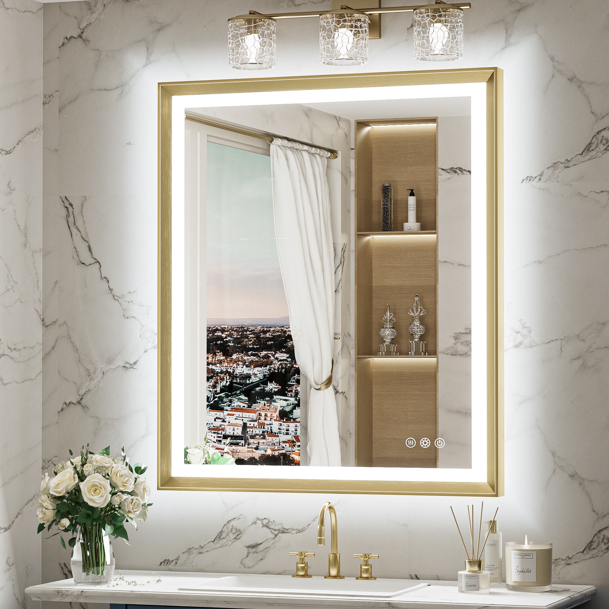 Keonjinn LW-ZBGSSW-7691GD 30-in x 36-in Framed Rectangle Dimmable LED Lighted Fog Free Bathroom Vanity Mirror ( Brushed Gold )