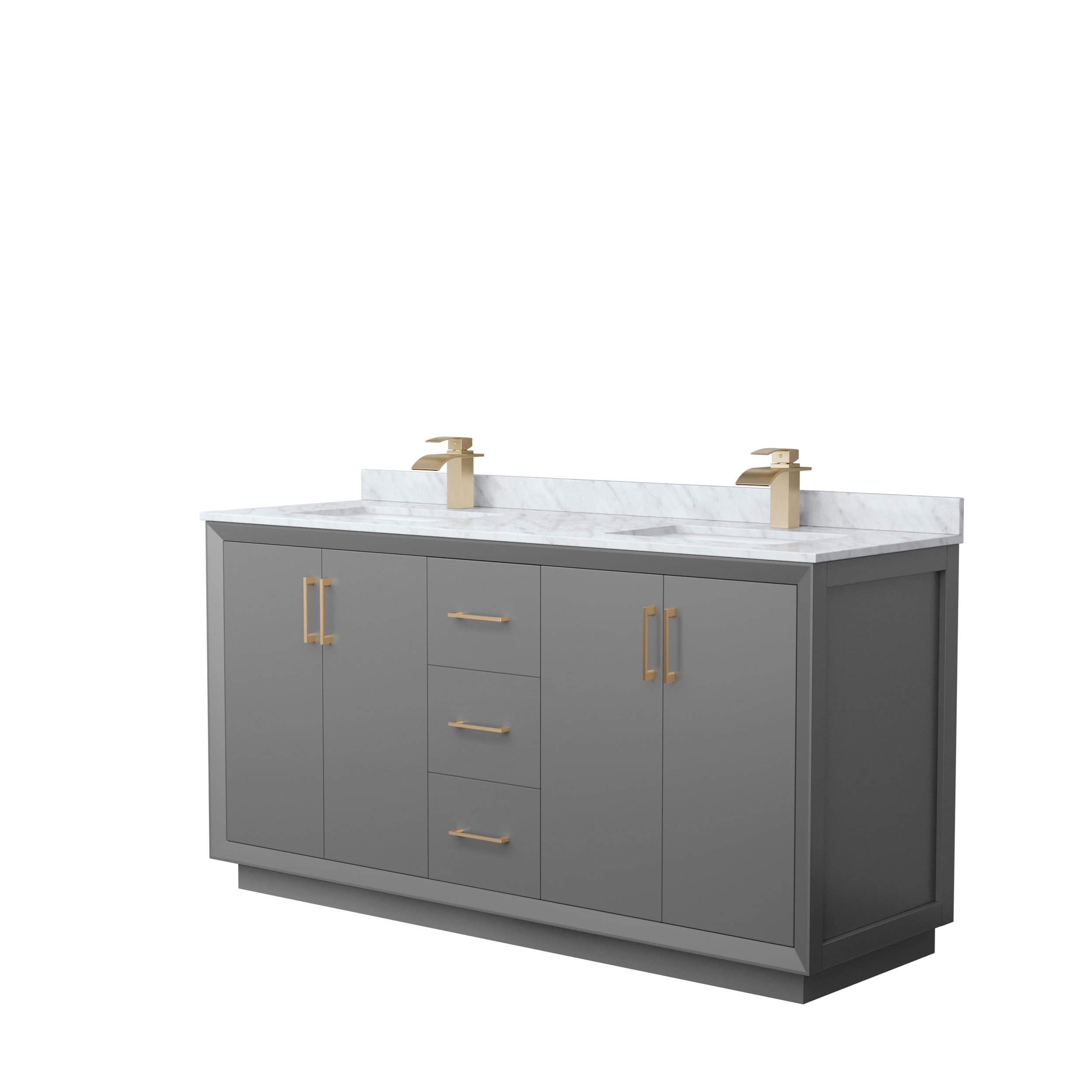 Wyndham Collection WCF414166DGZCMUNSMXX Strada 66-in Dark Gray with Satin Bronze Trim Undermount Double sink Bathroom Vanity with White Carrara marble Natural marble Top