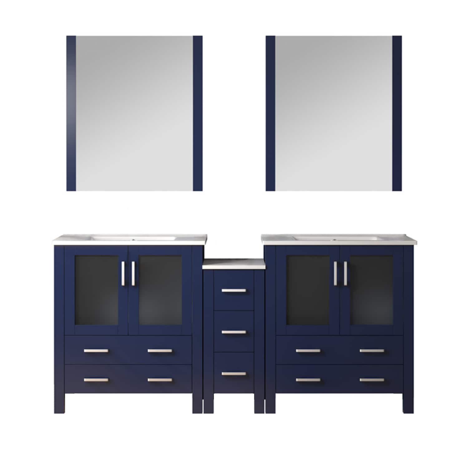 Lexora LV341872SEESM28 Volez 72-in Navy Blue Double Sink Bathroom Vanity with White Ceramic Top (Mirror Included)