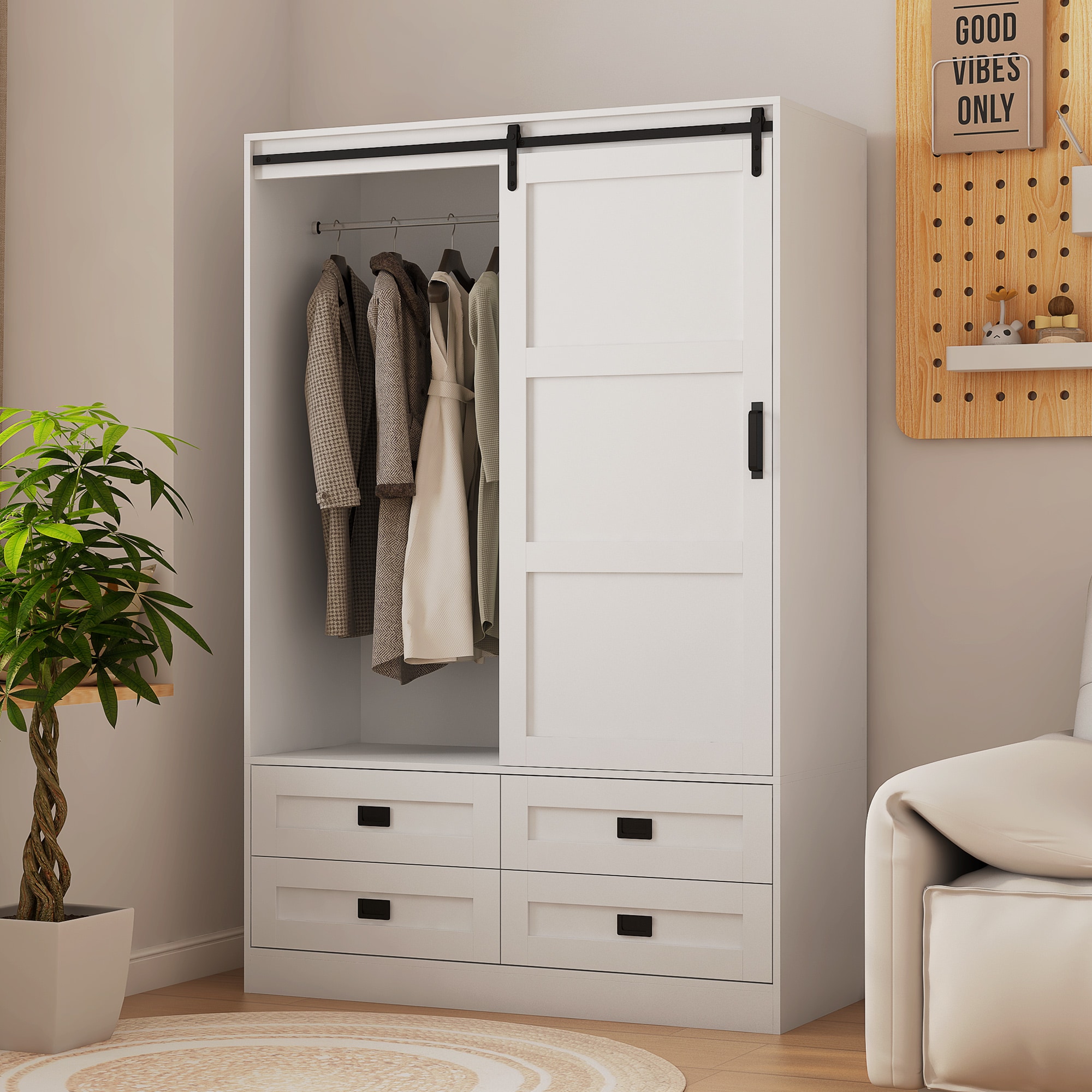KTMBDW - Tall Bedroom Armoire Wardrobe Closet with Sliding Door - Wardrobe Cabinet with 4 Drawers...