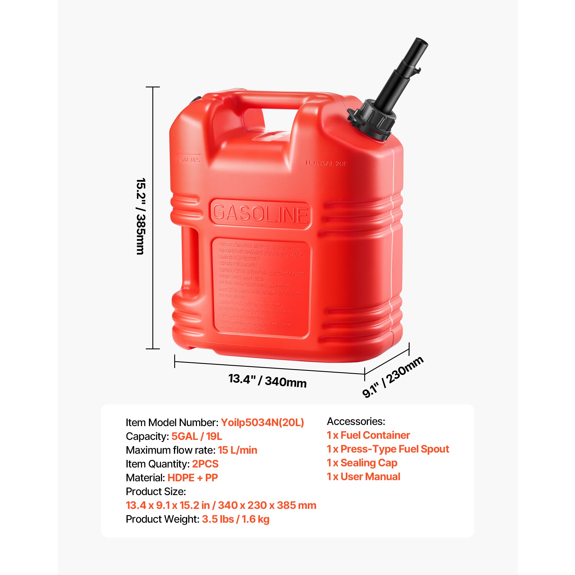 GIVIMO 5-gal HDPE Gas Can 15-LPM 2-Pack Red Portable Fuel Container ...