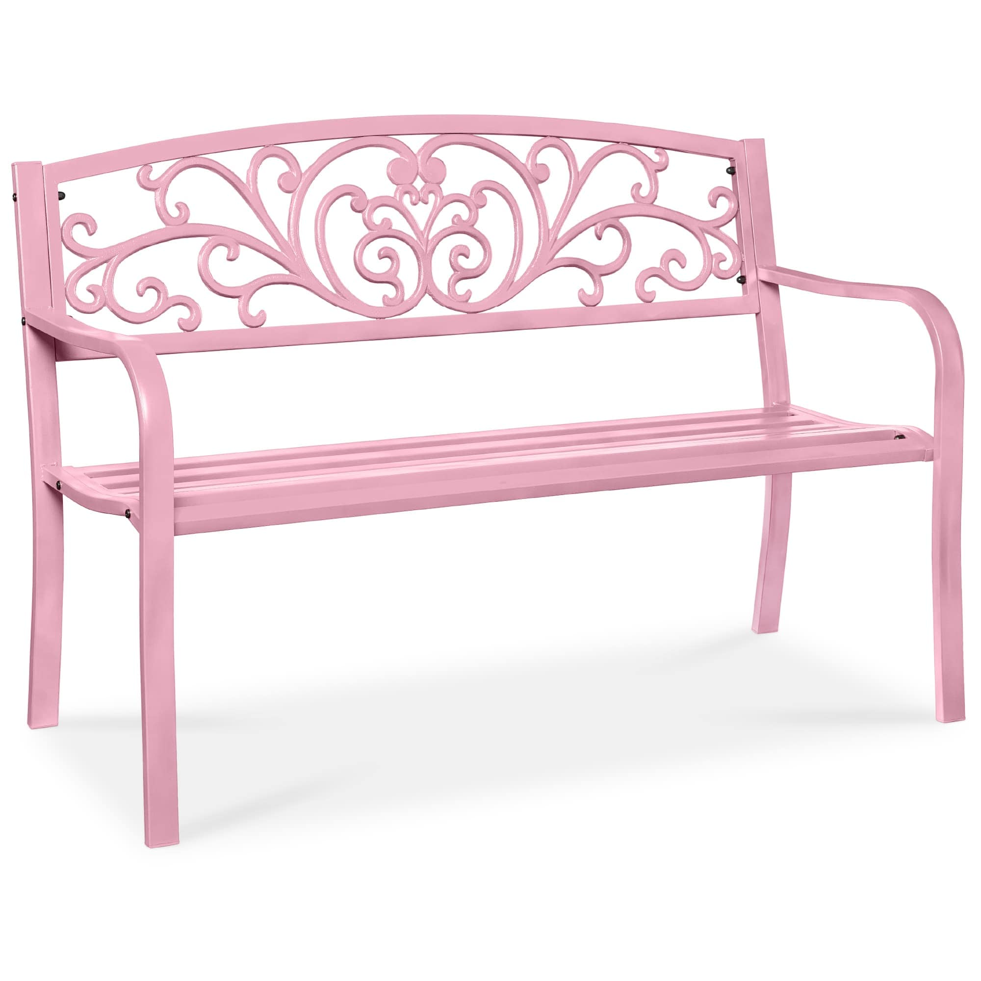 Best Choice Products Outdoor Steel Bench Garden Patio Porch Furniture w/  Floral Design Backrest Pink