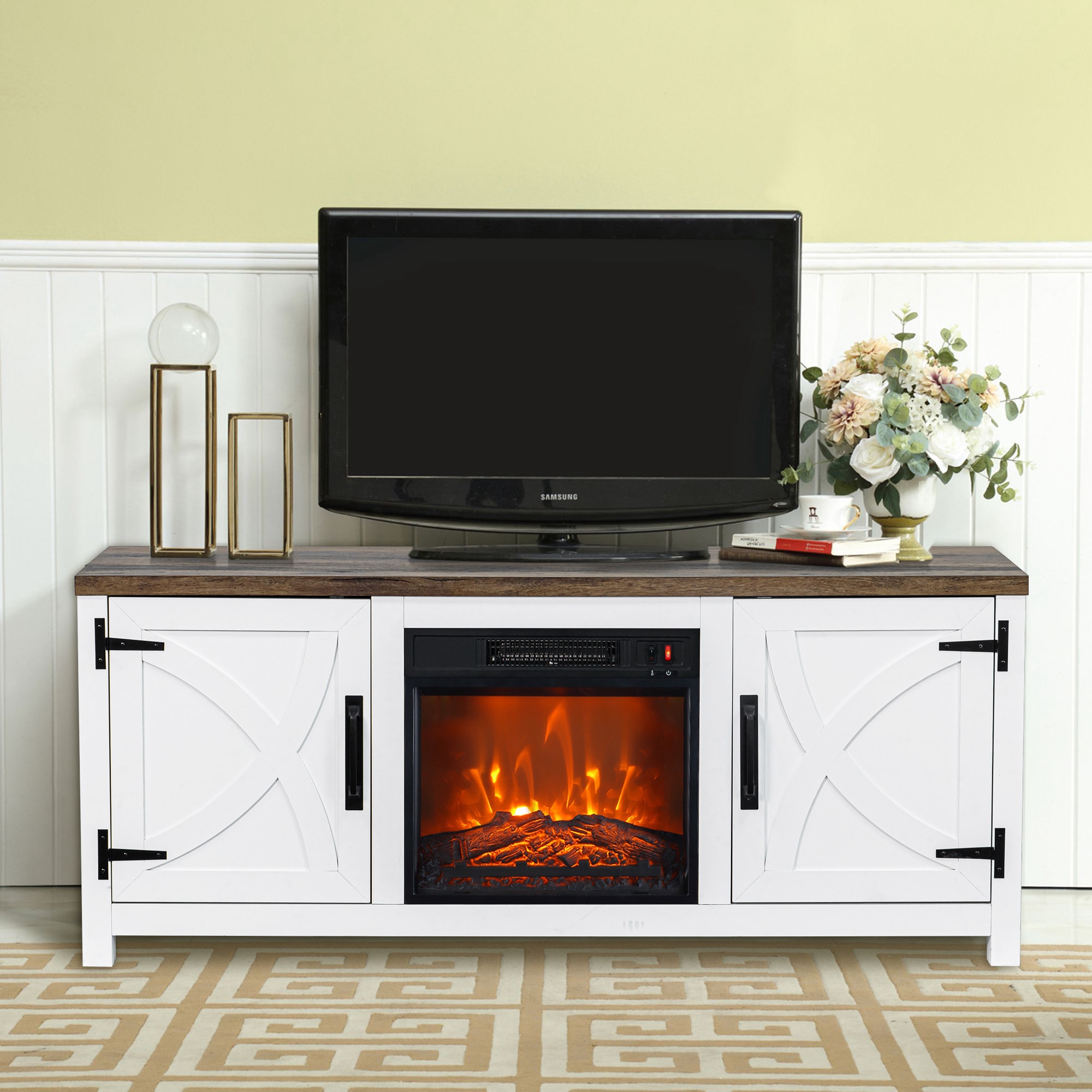 IHOMEadore BBJ01065-58-WHTDOK 58-Inches W White TV Stand with LED Corner or flat wall Electric Fireplace