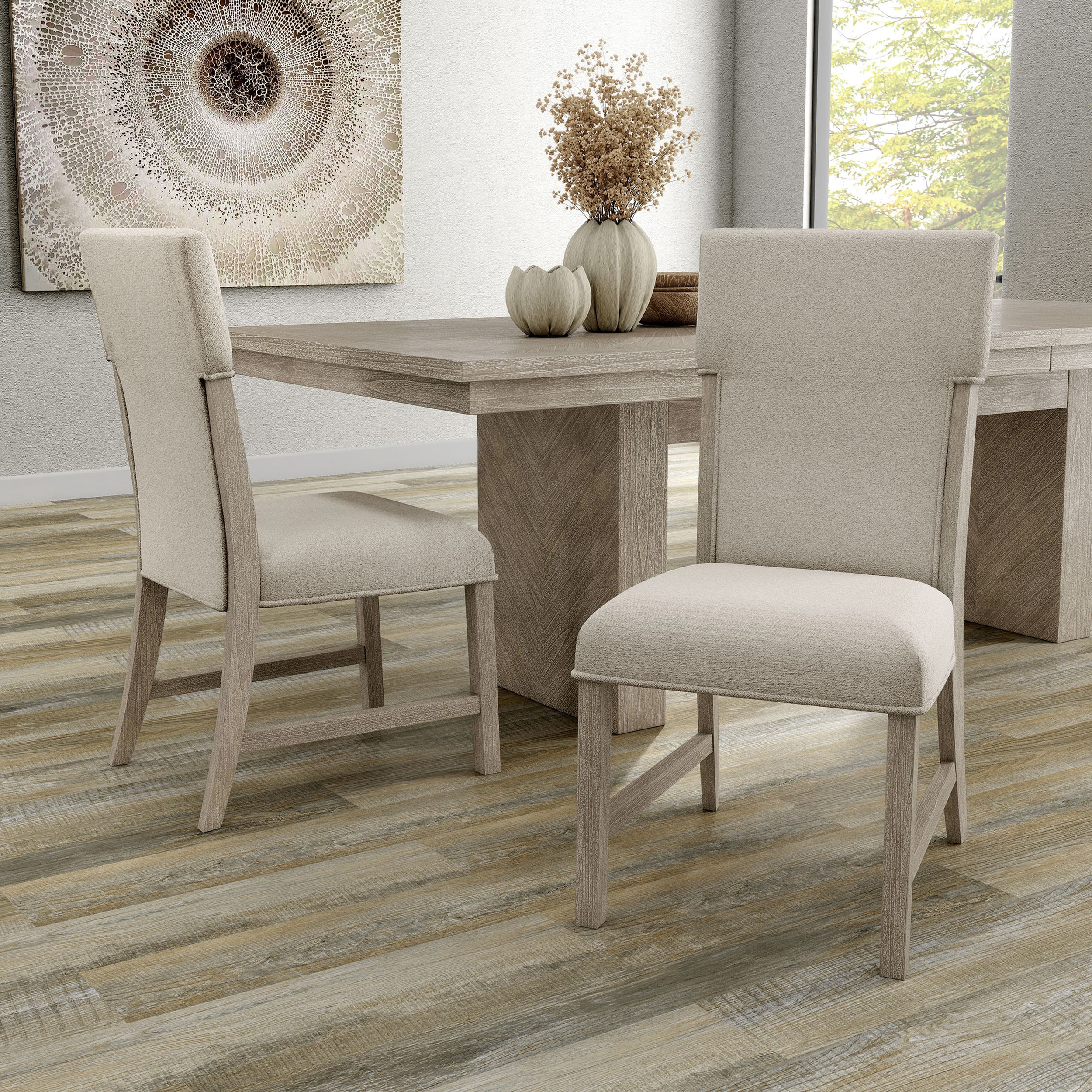 Natural Beige Upholstered Wood Side Chair Set
