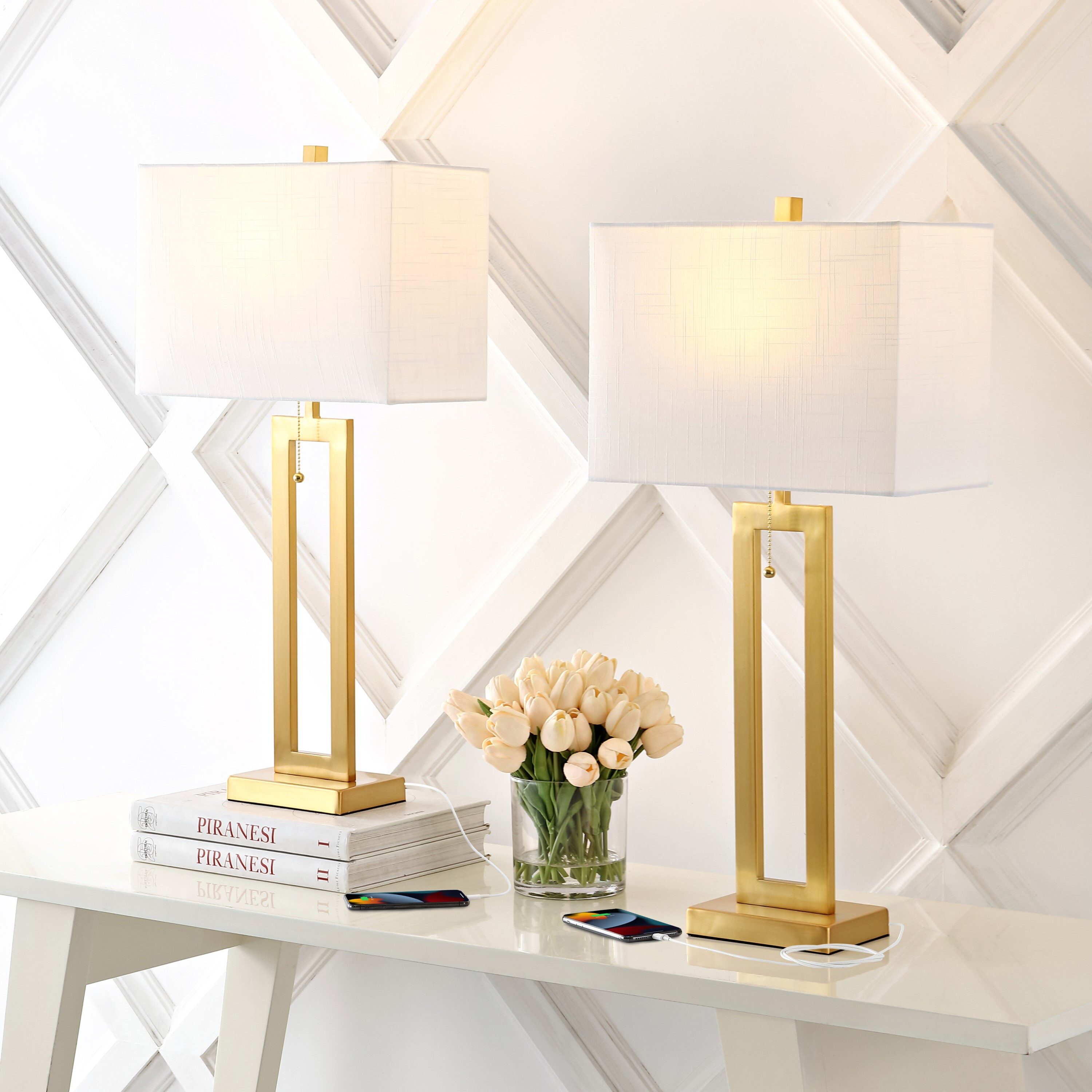 JONATHAN  Y JYL1126A-SET2 Sabrina Mid-Century Vintage 28.5-in Brass Gold LED Pull-chain Table Lamp with Linen Shade