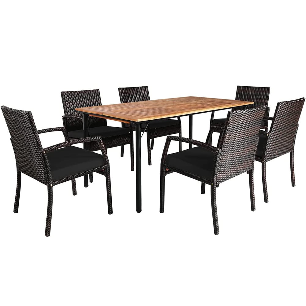 Forclover HBV-0680DK 7 -Piece Brown Wicker Patio Dining Set Wood Rectangle Table with 6 Black Cushions Stationary Chairs