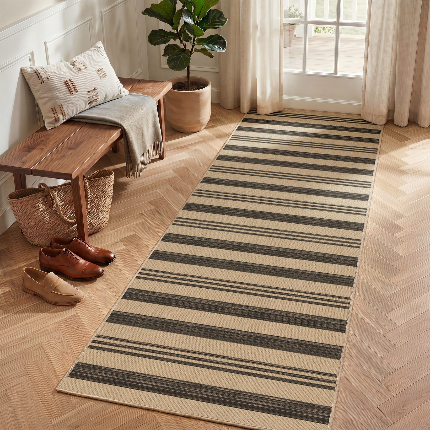 LITTLE TREE 2.5x8 (ft) Black and Brown Jute-Style Area Rugs Washable Non-Slip Indoor Outdoor Modern Striped Carpet with Extra Anti-Slip Patches Geometric Rugs for Entryway Kitchen Living Room Bedroom