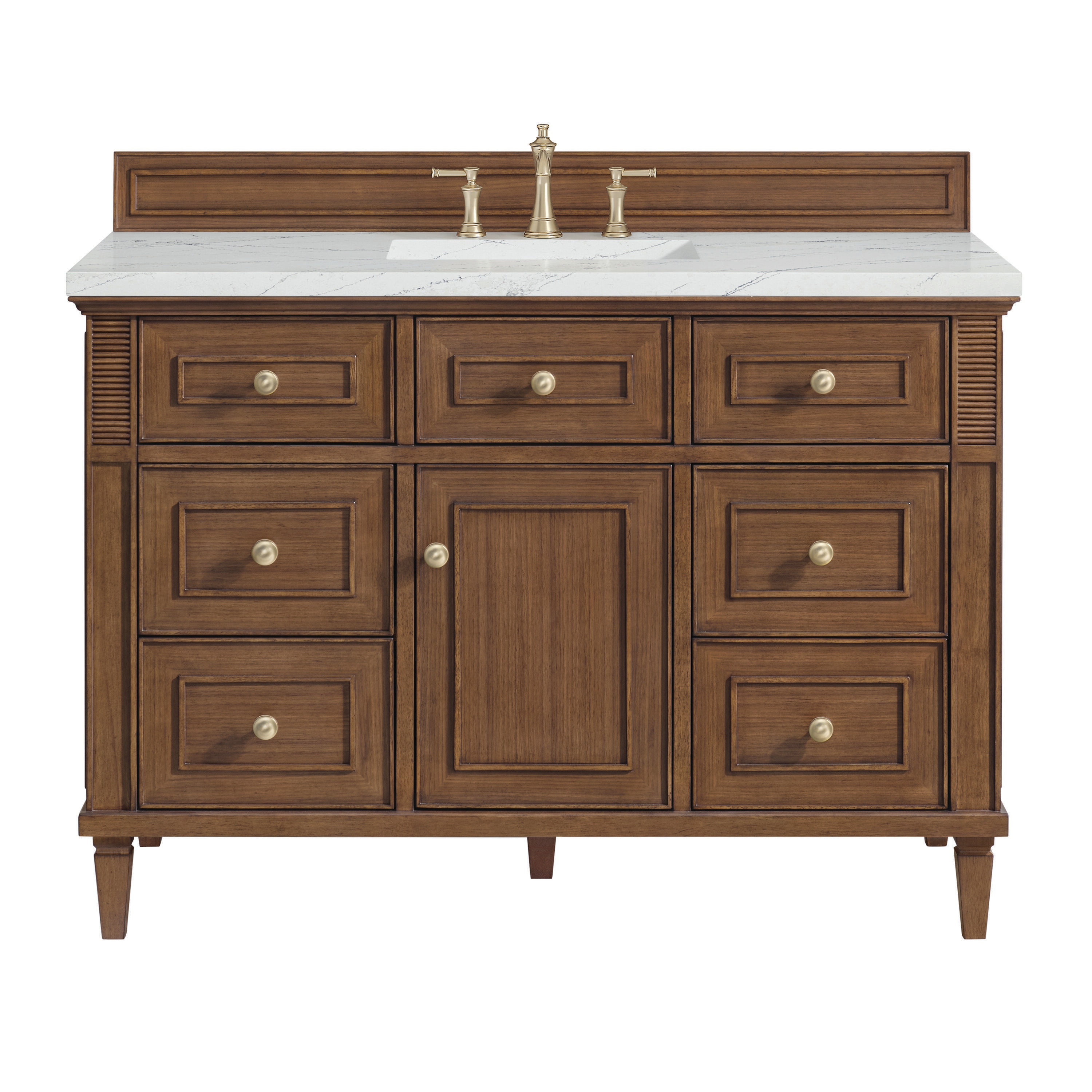 James Martin Vanities 424-V48-WLT-3ENC Lorelai 48-in Mid-Century Walnut Undermount Single Sink Bathroom Vanity with Ethereal Noctis Quartz Top