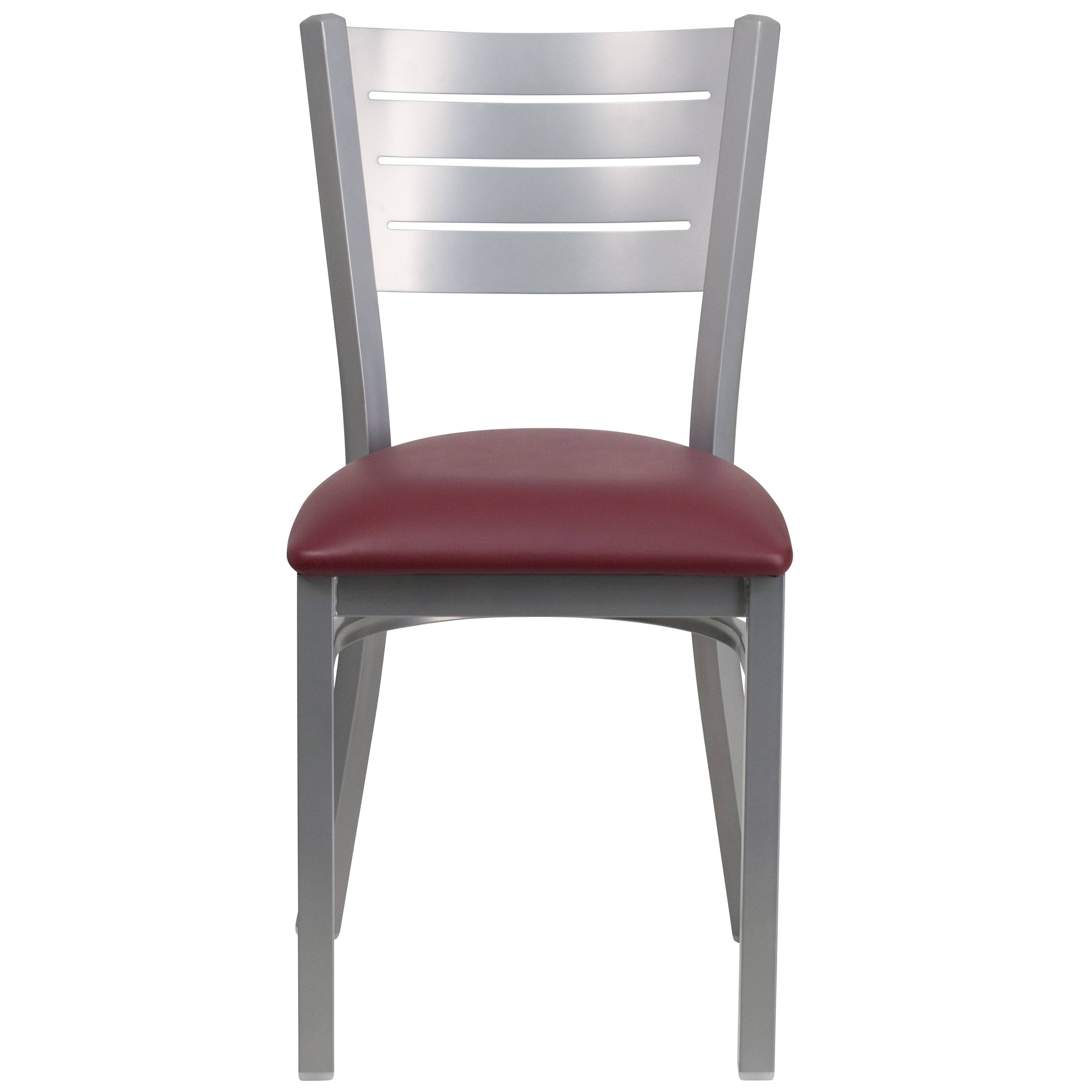 Elegant Burgundy Vinyl and Silver Steel Slat Back Side Chair