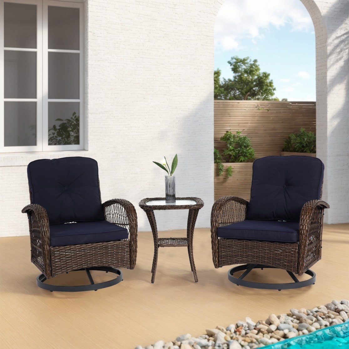 AAZJ JHI-W640P263674 Patio Conversation Sets 3 -Piece Patio Conversation Set with Navy Cushions