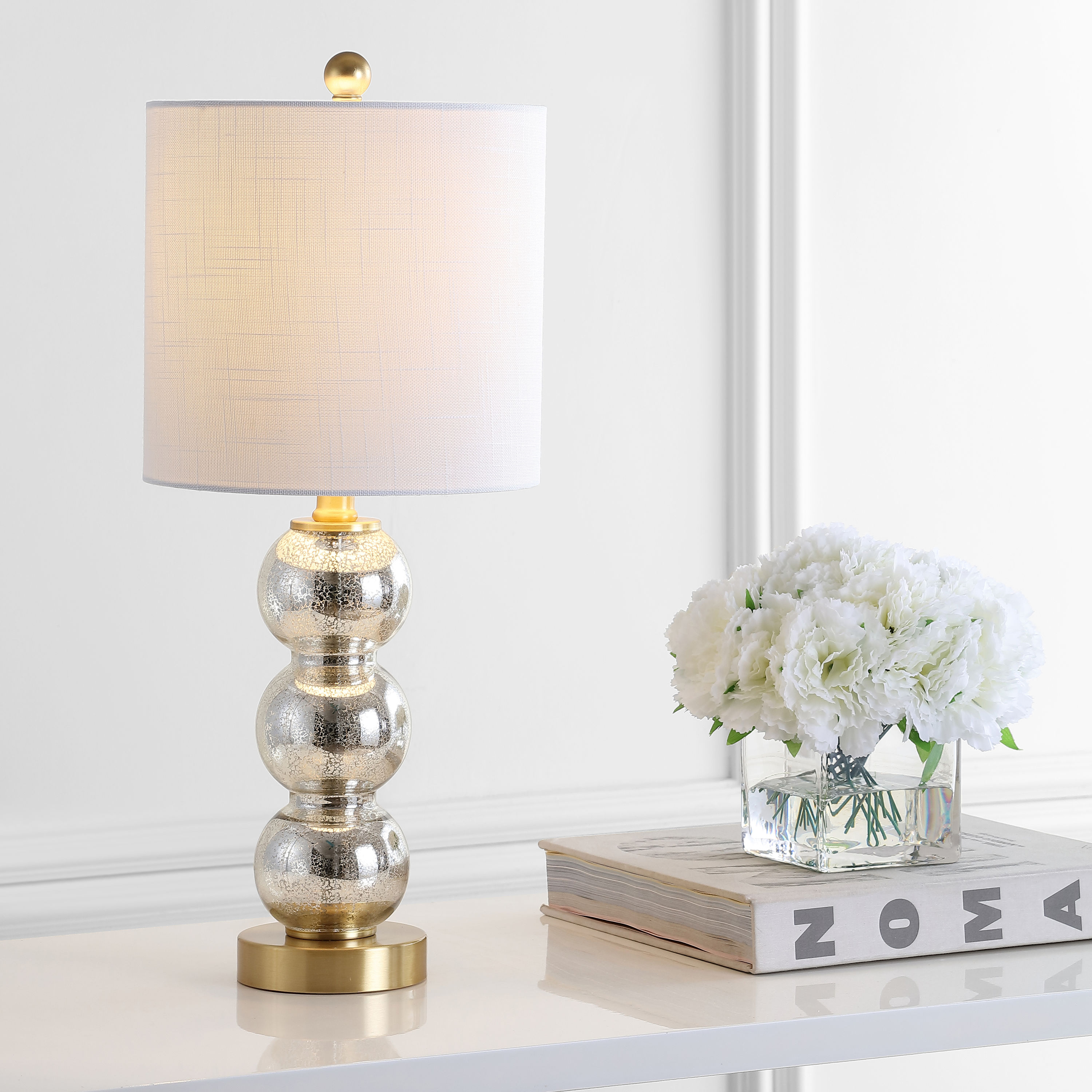 JONATHAN  Y JYL1021C February Glass/Metal Contemporary 21-in Mercury Glass/Brass Gold LED Incandescent Rotary socket Table Lamp with Cotton Shade