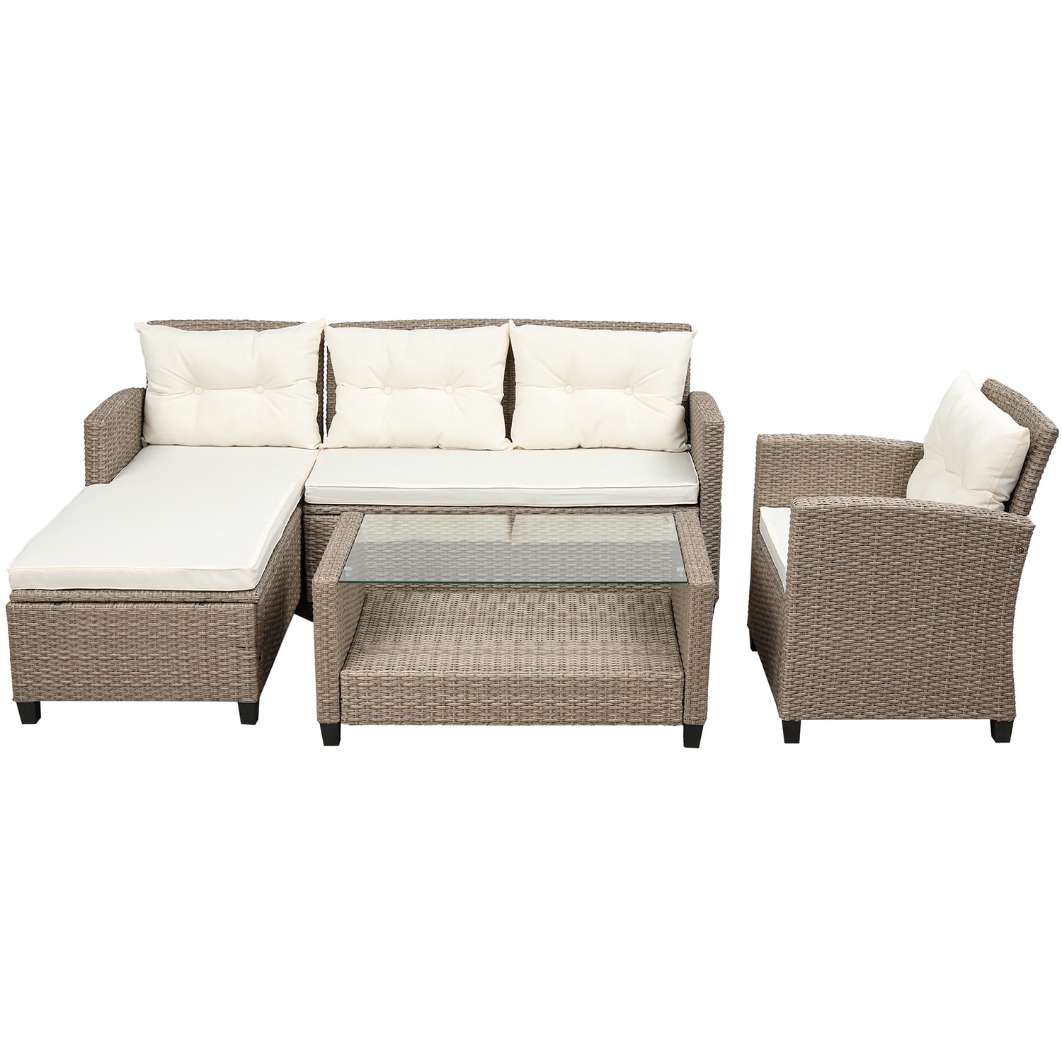 Bybafun YA0200274 Wicker Outdoor Sectional with Beige Cushions and Wicker Frame