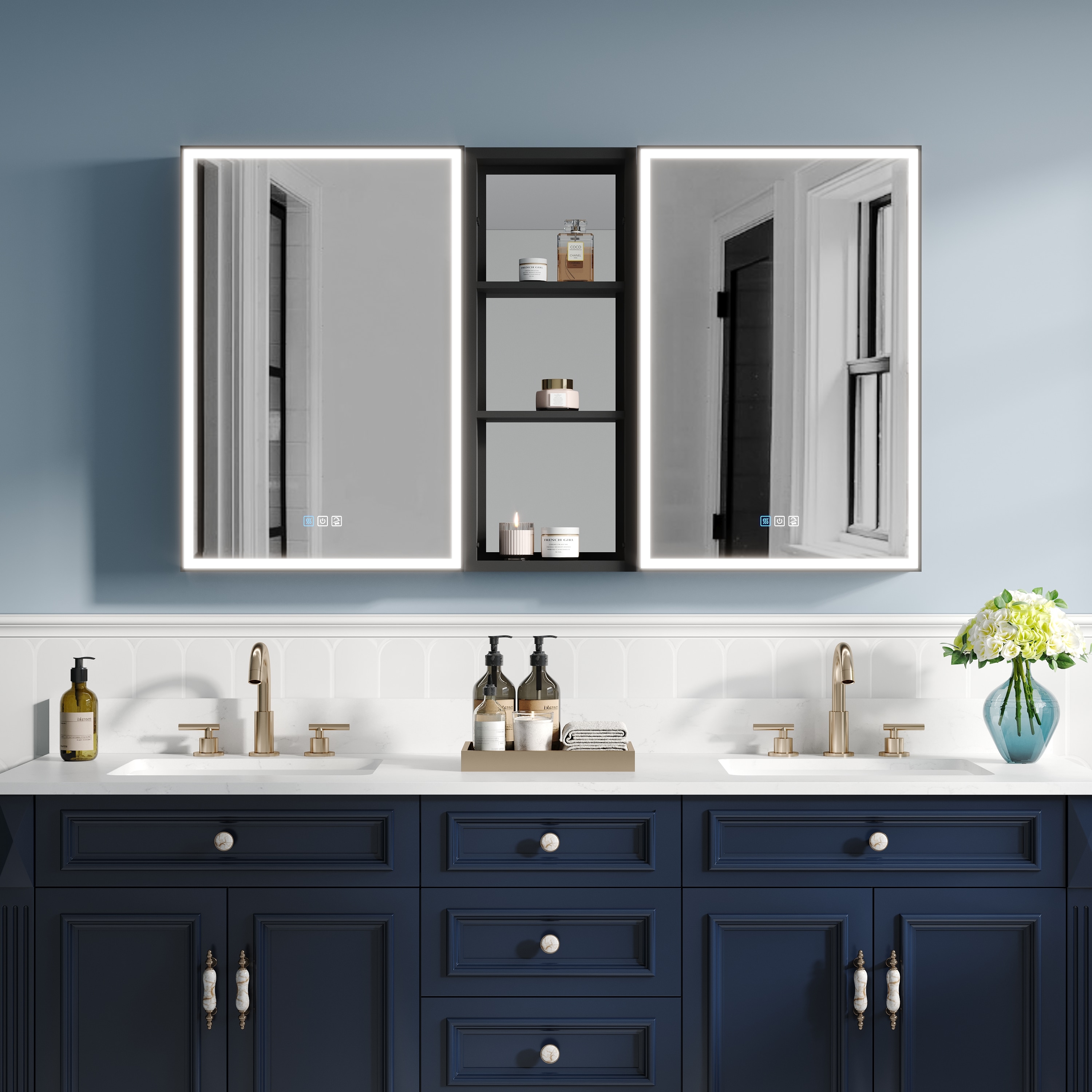 CALVON RC12-2030LR-MC Amelia LED Lighted Medicine Cabinet 52-in x 30-in Lighted LED Fog Free Surface/Recessed Mount Black Mirrored Rectangle Soft Close Medicine Cabinet with Outlet