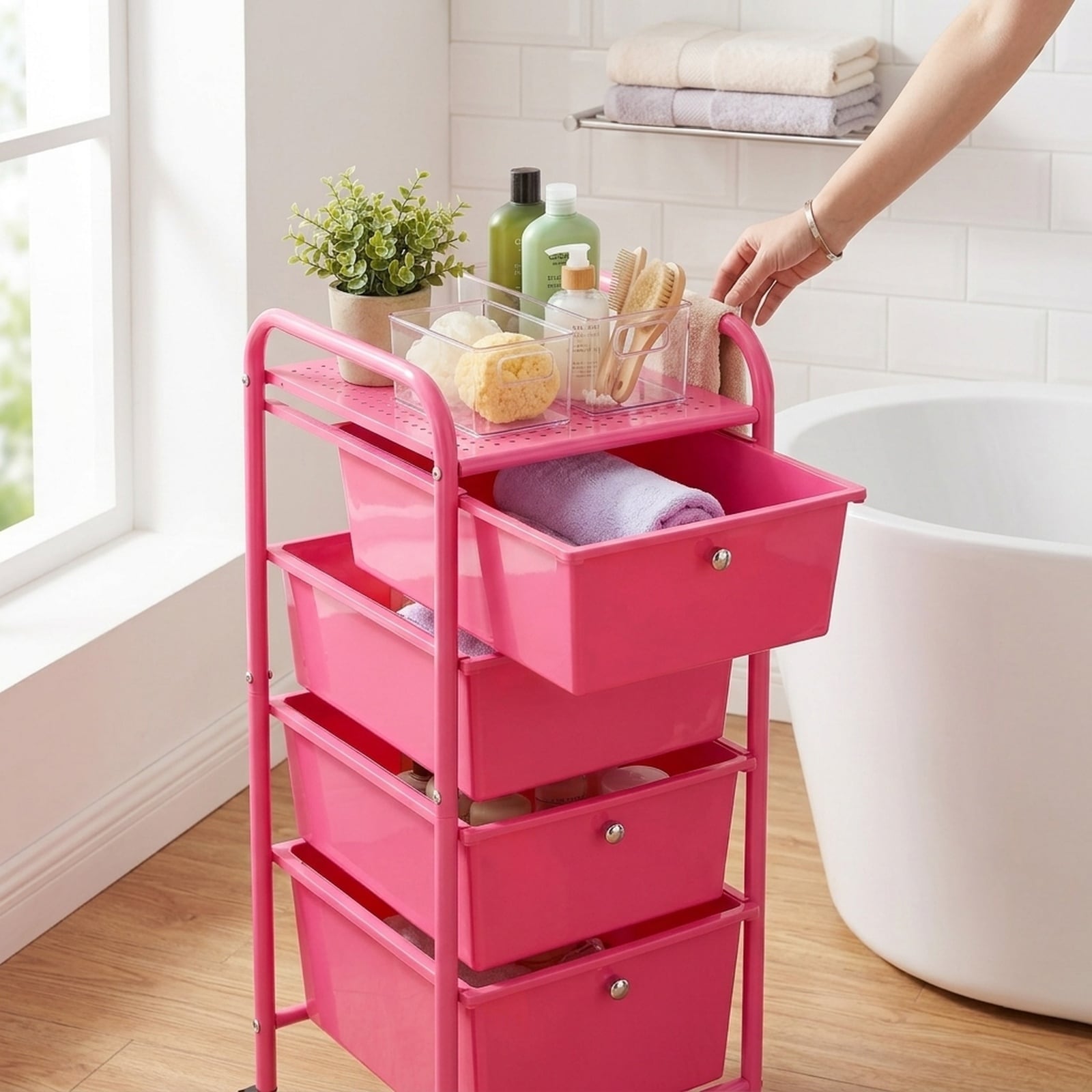 GIVIMO Rolling Cart with Drawers 4-Drawer Storage Organizer Mobile Utility Cart with Steel Frame Universal Casters and 2 Brakes for Office Classroom Craft Garage Cleaning Rose Red