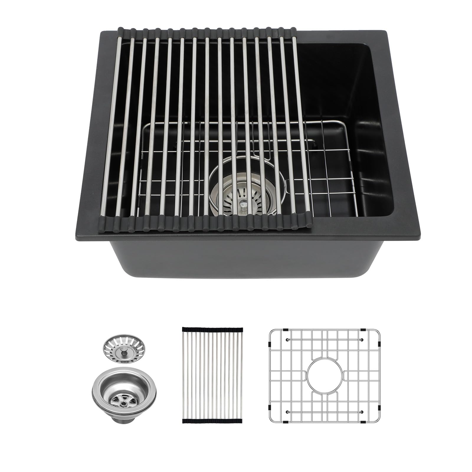 UUDULY  18 Inch Black Quartz Composite Undermount Bar Sink Single Bowl for Kitchen RV Camper Outdoor Use durable home and