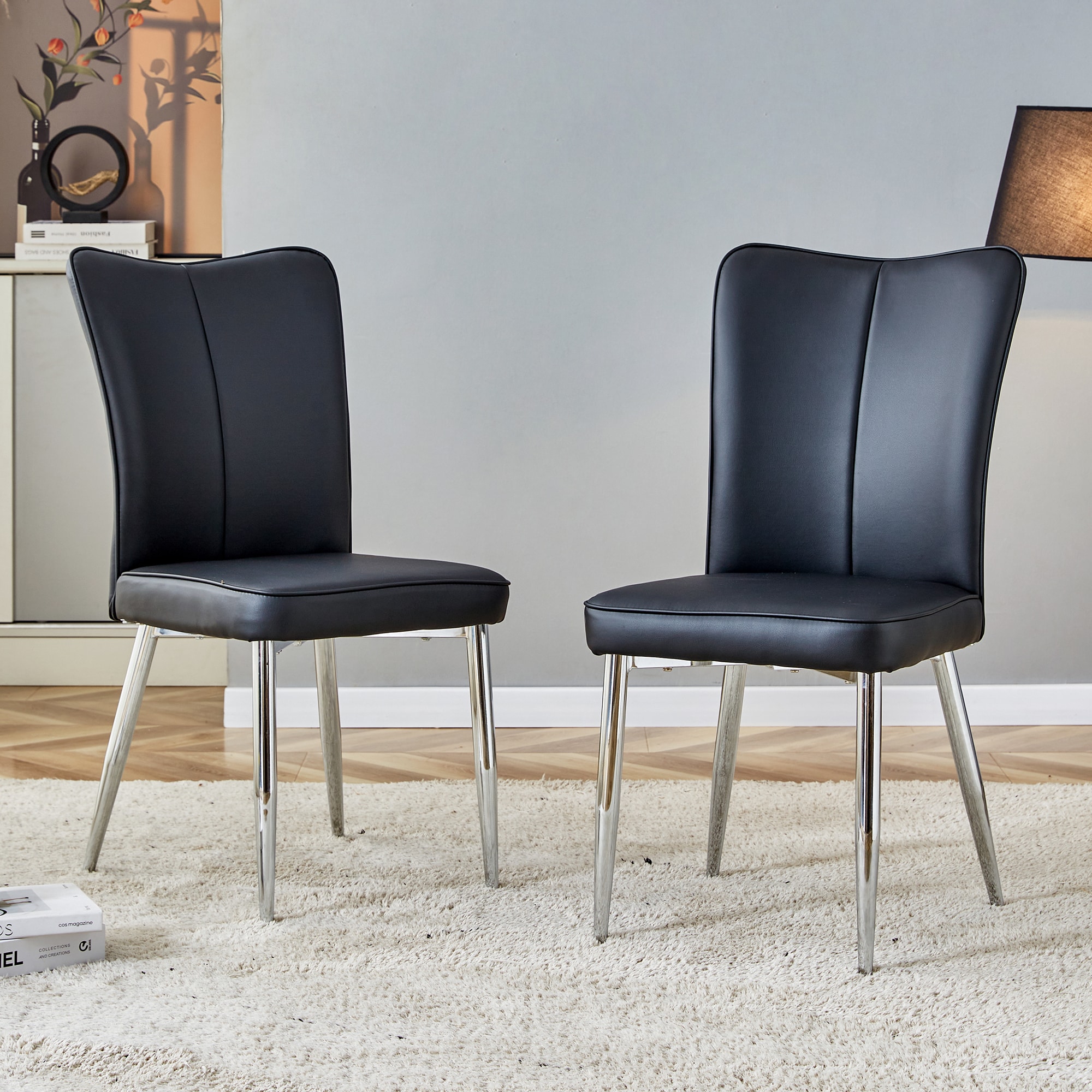 GDFStudio Modern Minimalist PU Faux Leather Water-proof Upholstered Ergonomic Curved Backrest Dining Chair Set with Metal Legs and Soft Sponge Cushion Seat for Versatile Indoor Home Use - Black  (Set of 2)