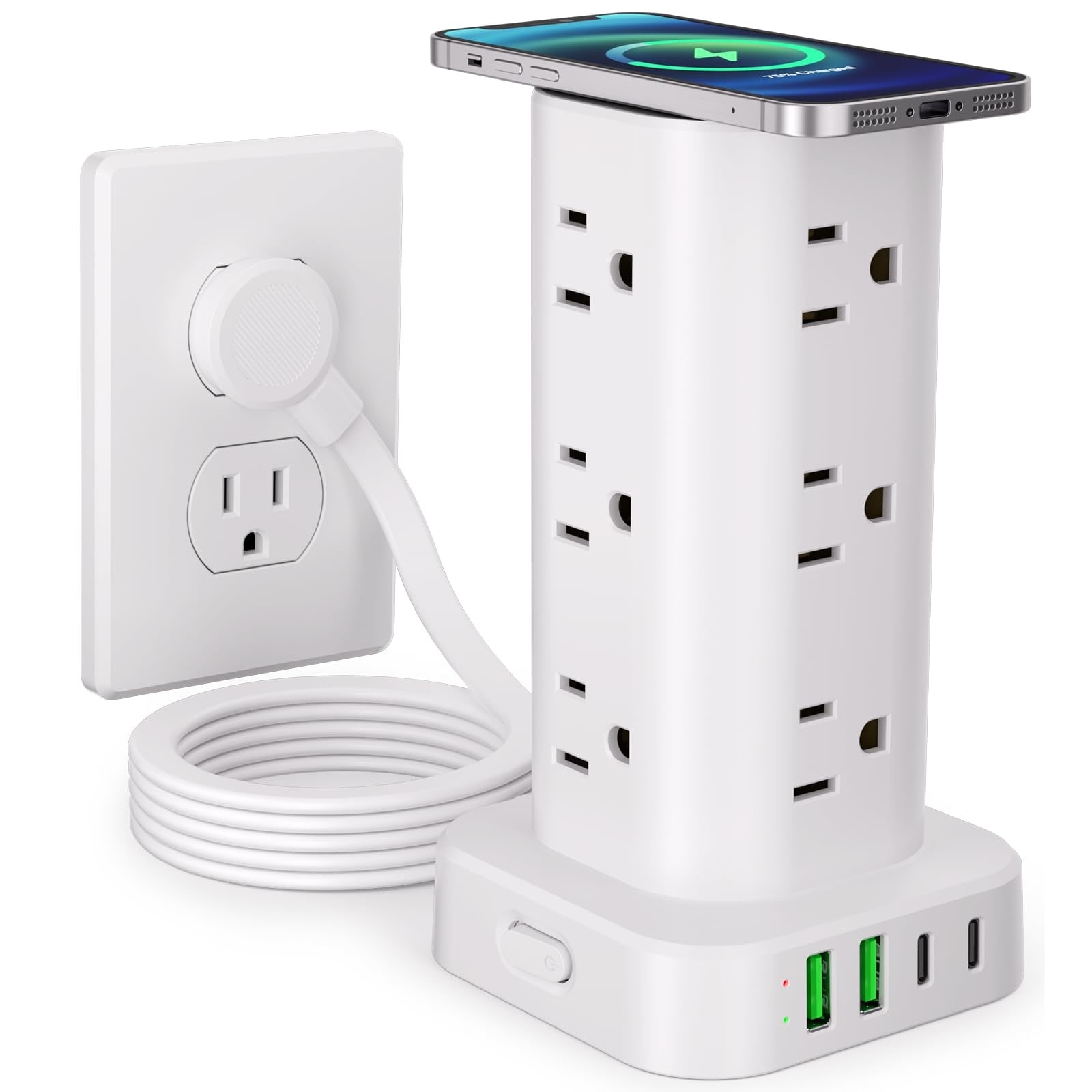 Oyezvary  1 Piece 17 in 1 Power Strip Tower with Wireless Charger 12 AC Outlets 4 USB Ports Flat Plug 6 FT Cord 15W Wireless Charging White