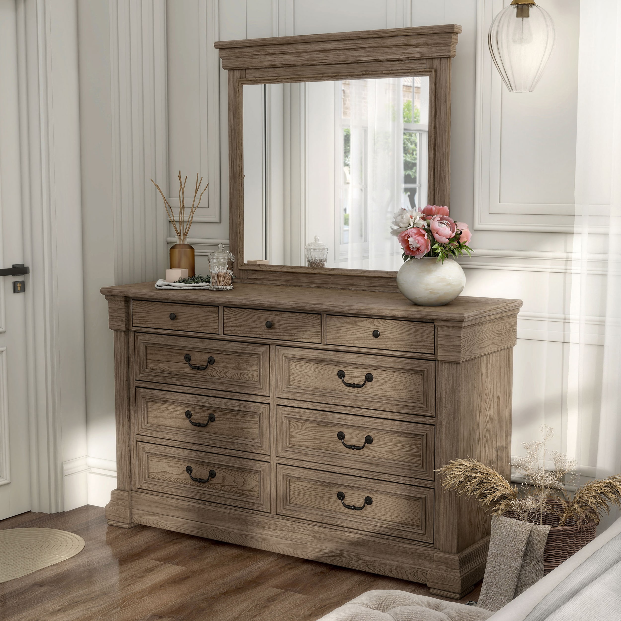 Furniture of America Wacine Weathered Gray 9 -Drawer 62-in W Standard dresser With Mirror