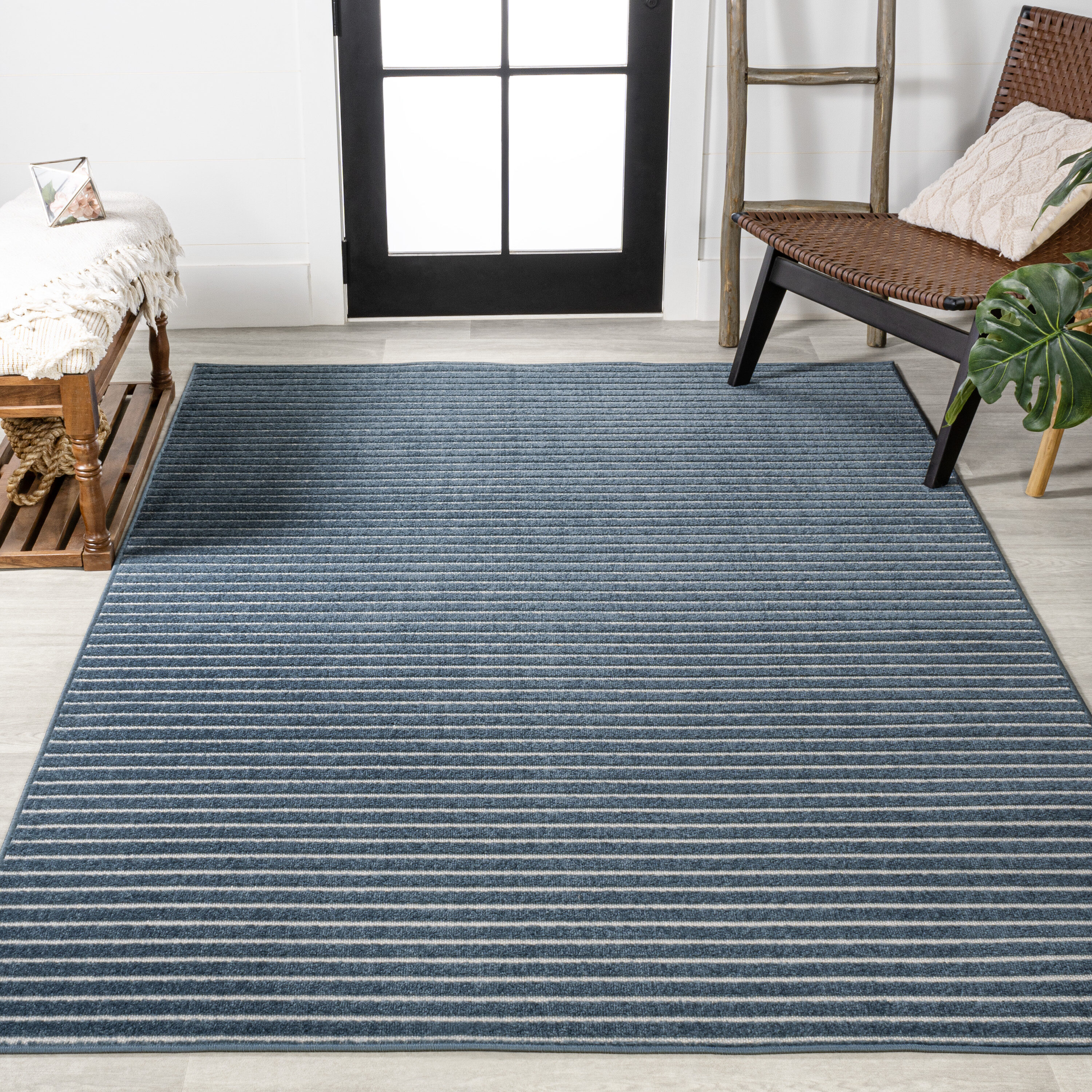 JONATHAN  Y SCN102A-5 Scandinavian Aarhus High-Low Minimalist Scandi Striped 5 x 8 (ft) Loomed Polypropylene Navy/ivory Rectangular Indoor/Outdoor Stripe Farmhouse/Cottage Area rug