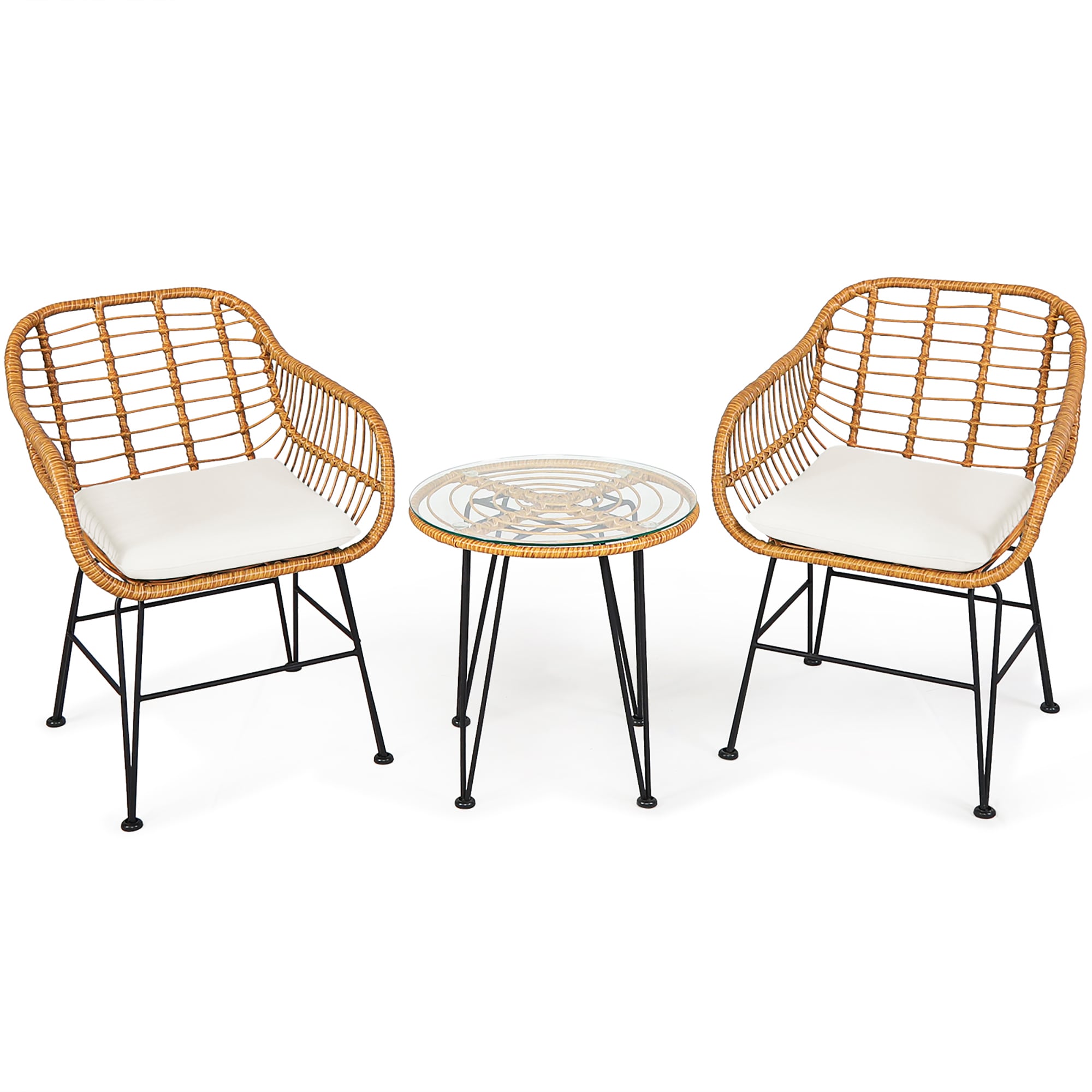 Costway OP70839WH 3 -Piece Rattan Patio Conversation Set with White Cushions