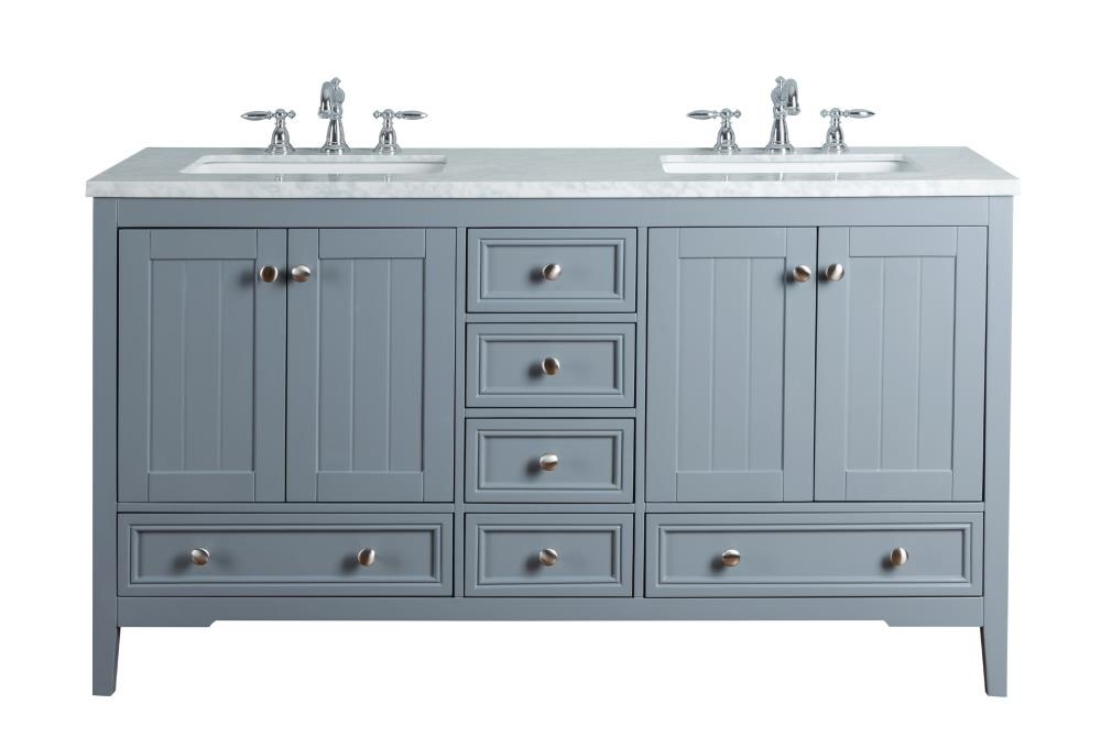 Stufurhome 60-in White Double Sink Bathroom Vanity with Carrara White Natural Marble Top