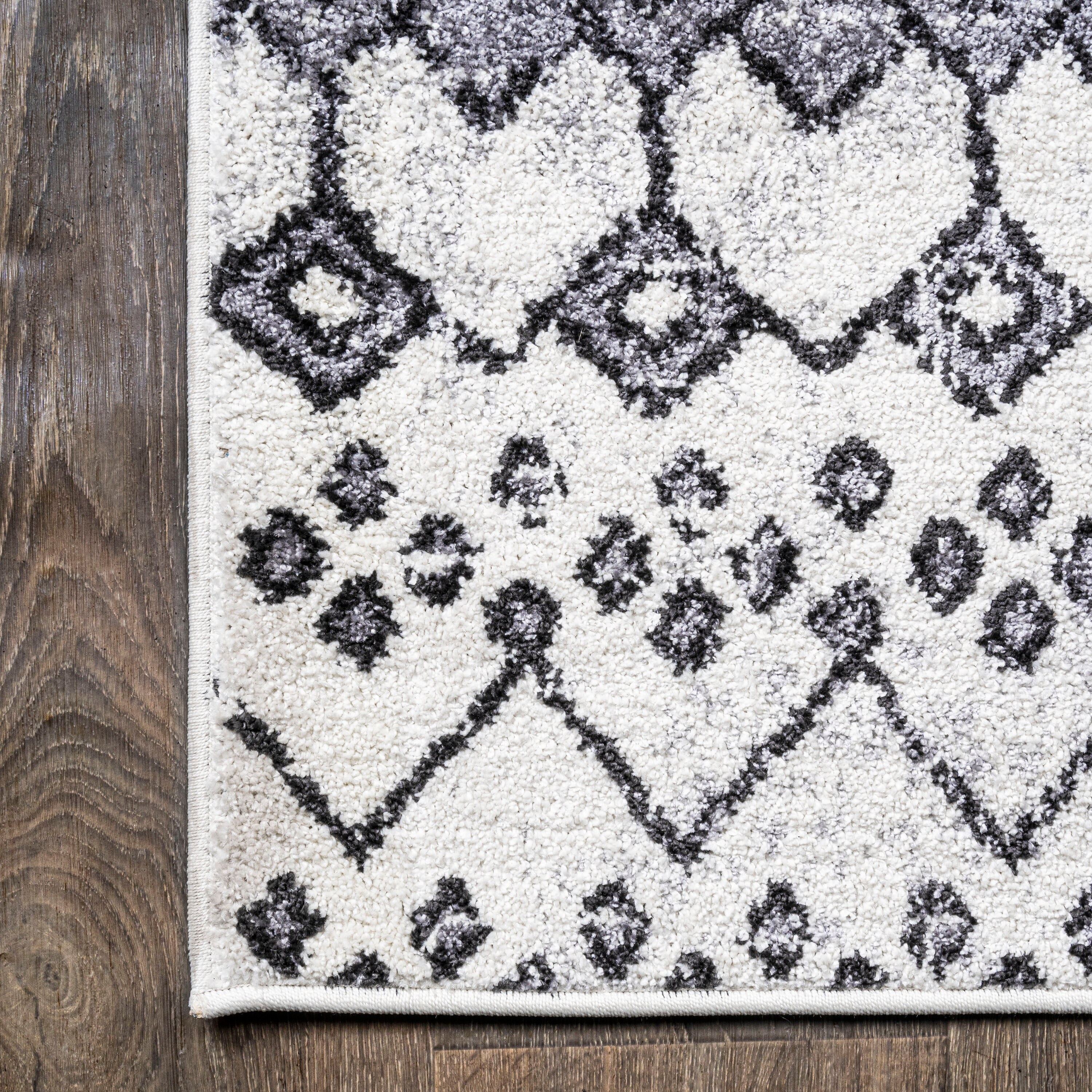 Ivory and Charcoal Moroccan Geometric Distressed Area Rug