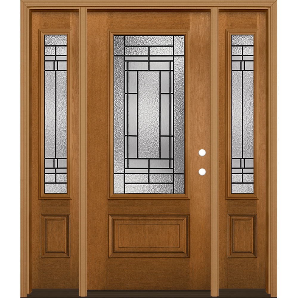 Masonite 1328125 Pembrook 64-in x 80-in Fiberglass 3/4 Lite Left-Hand Inswing Oakcrest Stained Prehung Single Front Door with Sidelights with Brickmould Insulating Core