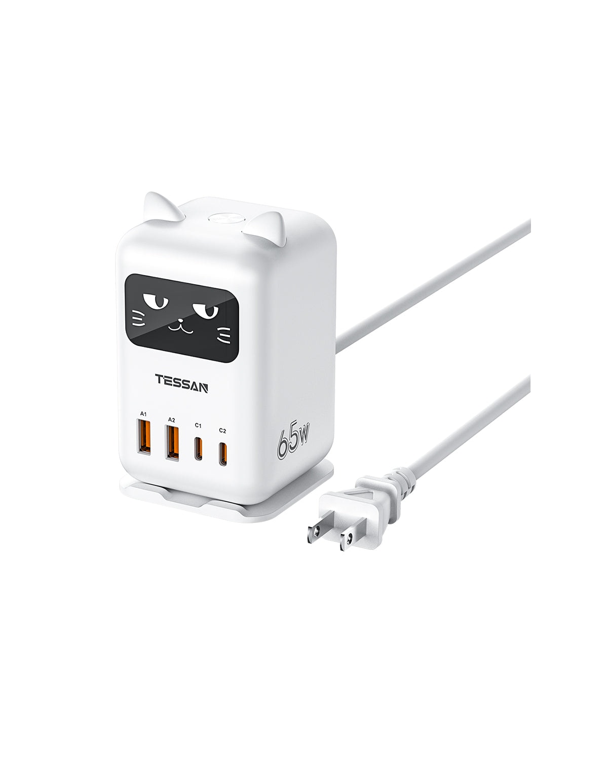 LENCENT 65W USB C Charging Station for Desk Cute Cat Design Charger with LED Display GaN Fast Charging Hub for iPhone MacBook Tablet Space Saving Desktop Charger #TSCS07US02(65W)