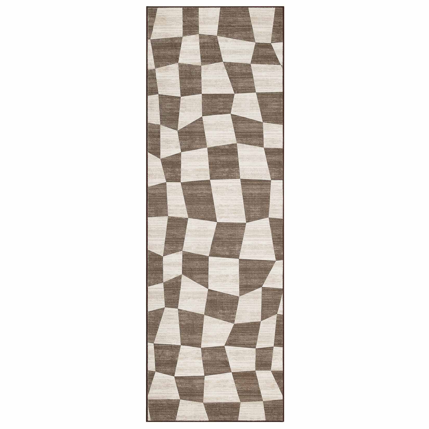 WhizMax SUNNY-PHO-14B2MU4Z 2 x 6 ft Polyester Brown Rectangular Hallway Entryway Bathroom Kitchen Geometric Checkered Modern Machine Washable Runner Rug