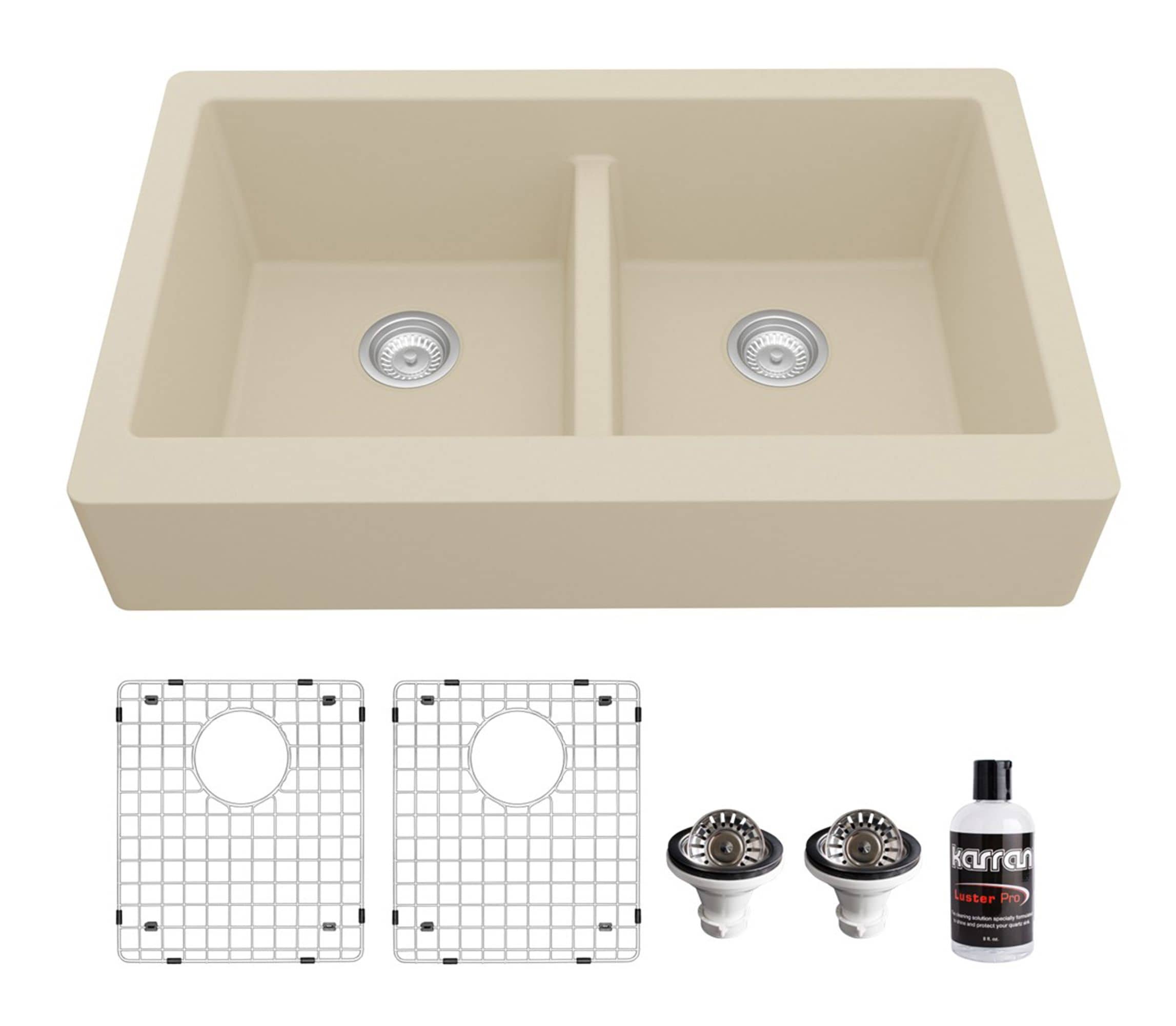 Karran QAR-750-BI-PK1 Farmhouse apron front 34-in x 21.25-in Quartz Double equal bowl Kitchen Sink