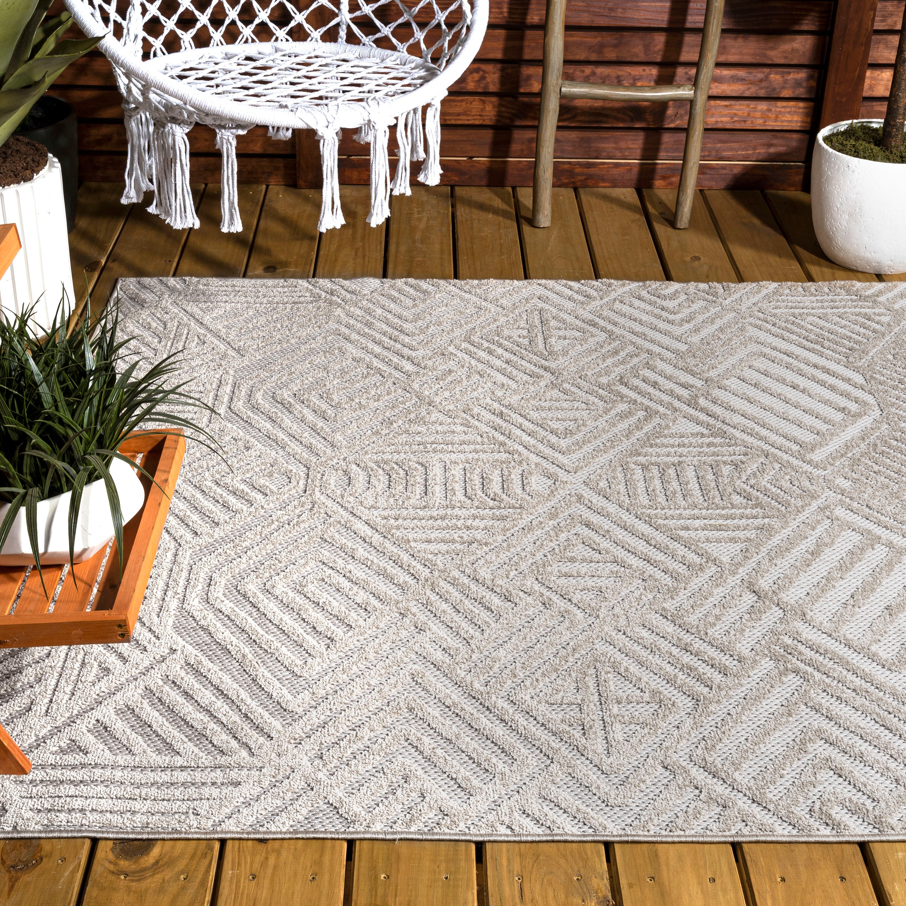 Jordan High-Low Pile Beige Geometric Indoor/Outdoor Area Rug