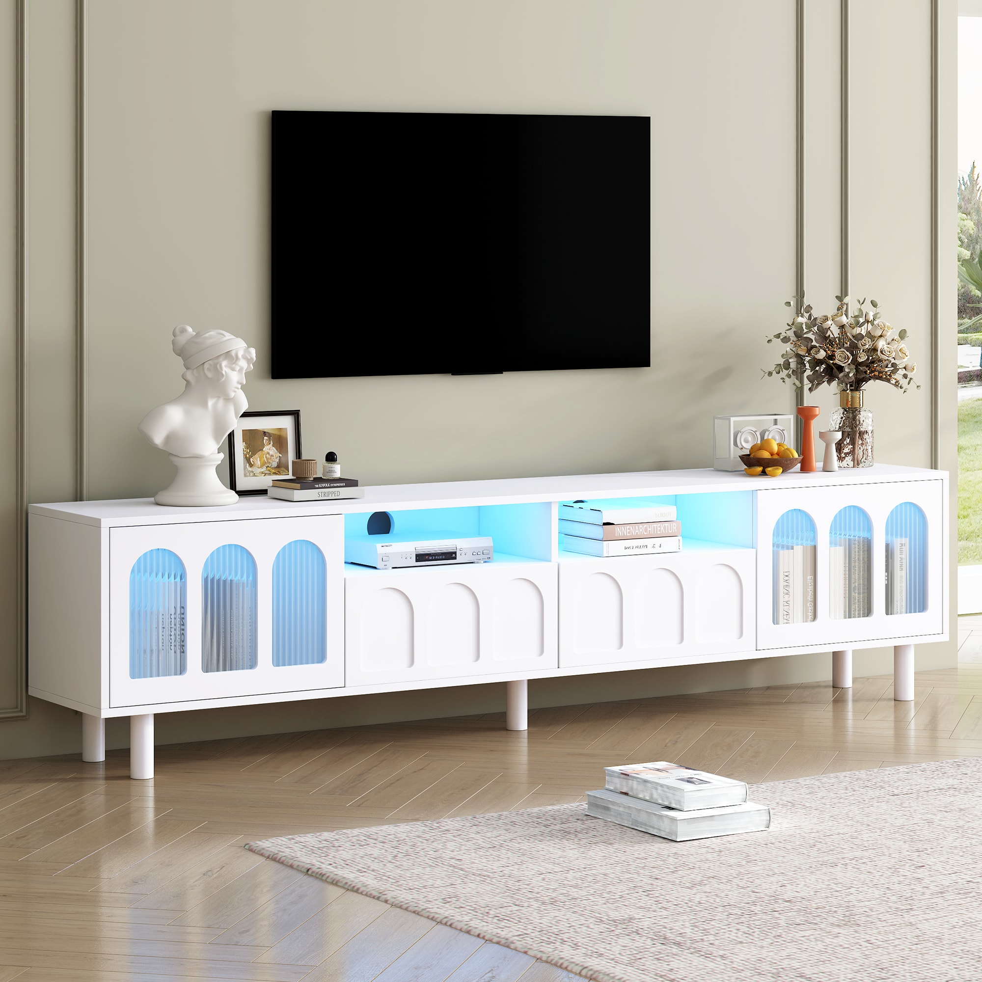 ModernLuxe N721P180476K Cream Style TV Stand with LED Light Strip for TVs Up to 80inch Graceful Entertainment Center with 5 Solid Wood Legs Large Storage Media Console with Fluted Tempered Glass Doors White