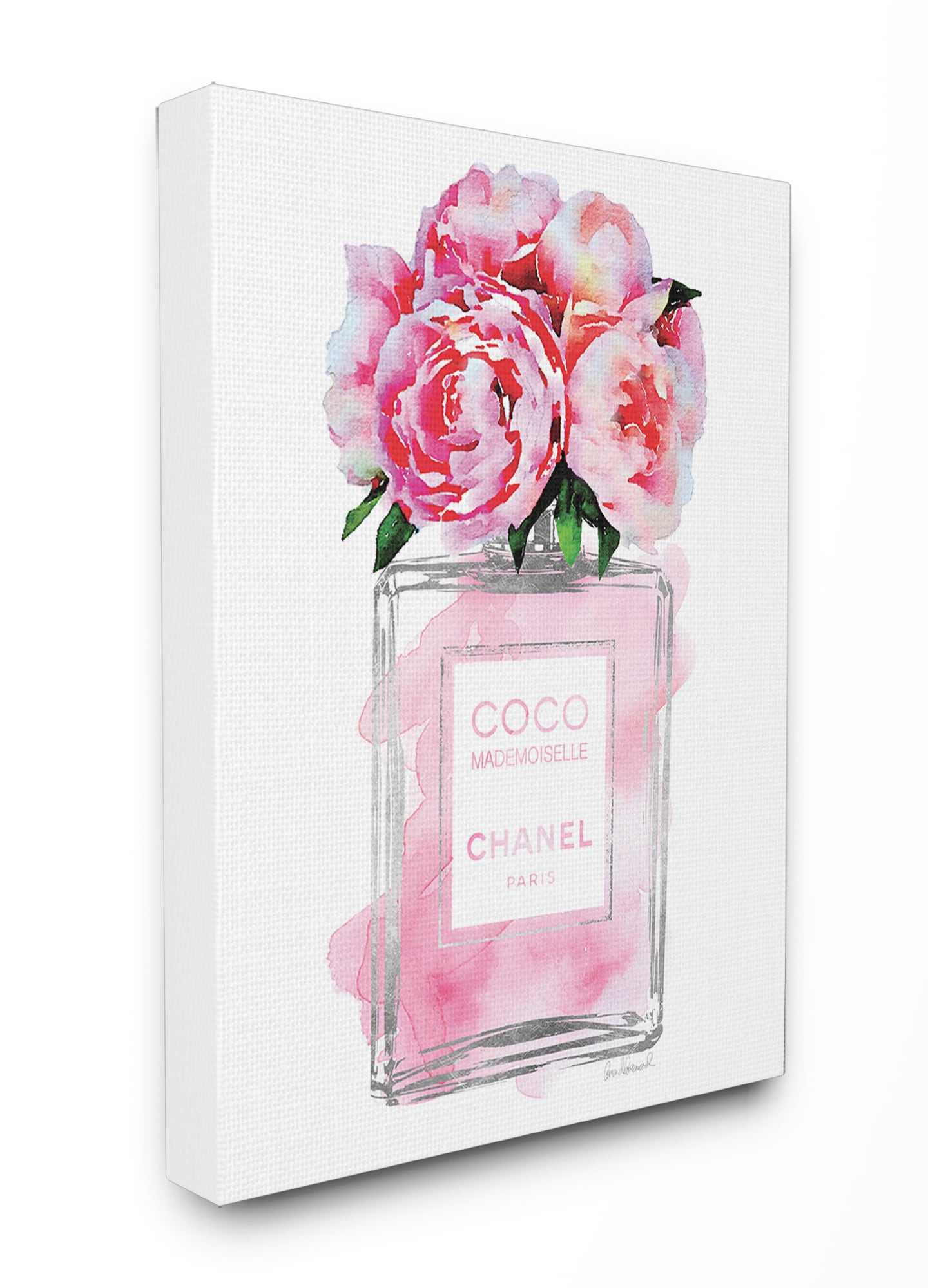 Designart Chic Perfume Bottle with Pink Roses I Fashion Framed Art Print - 24 in. Wide x 24 in. High - Black