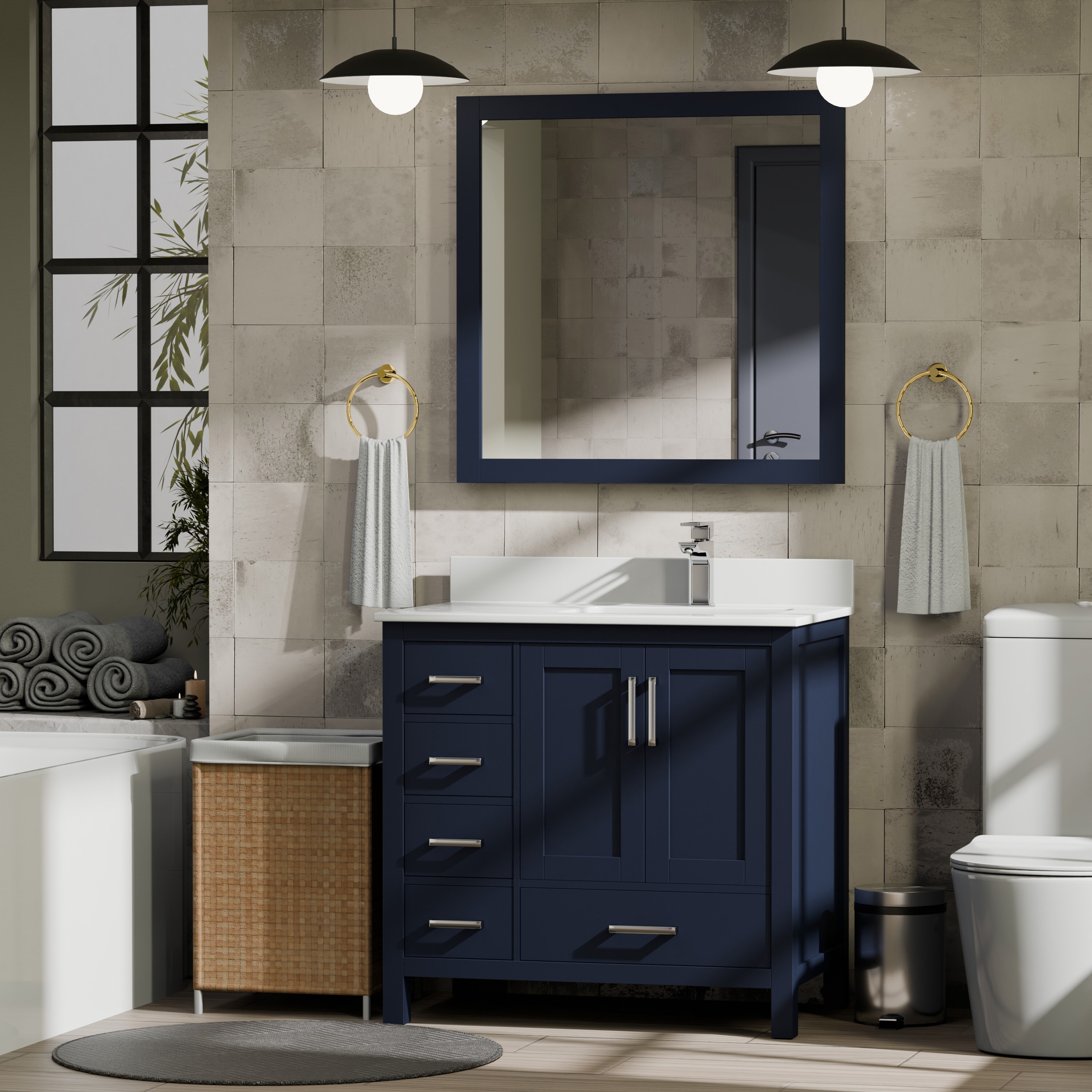 Lexora LVJ36SE310R Jacques 36-in Navy Blue Undermount Single Sink Bathroom Vanity with White Cultured Marble Top (Mirror Included)